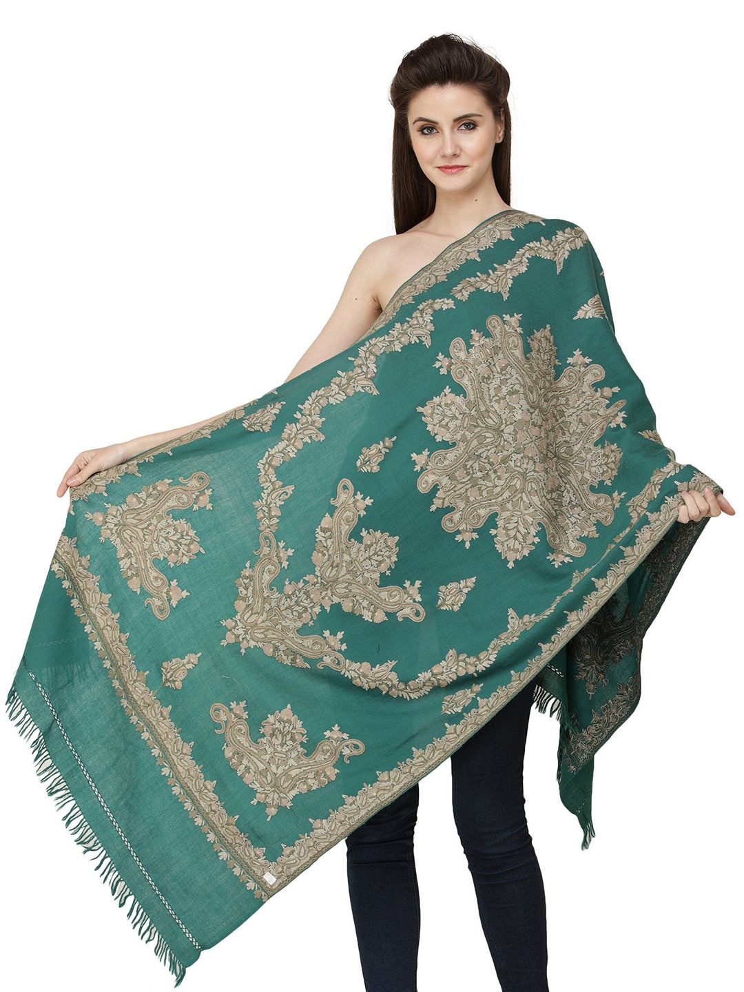 

Exotic India Deep Jungle Aari Hand-Embroidered Flowers and Paisleys Kashmiri Stole, Green