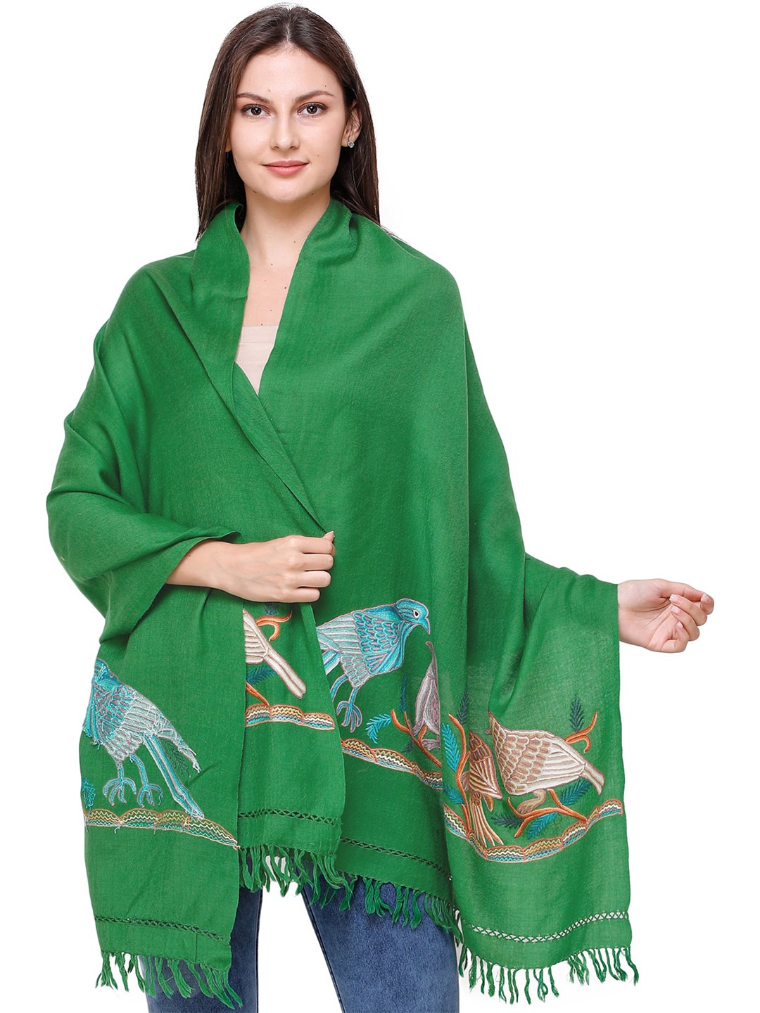 

Exotic India Aari Hand-Embroidered Parrots and Pigeons Wool Kashmiri Stole, Green