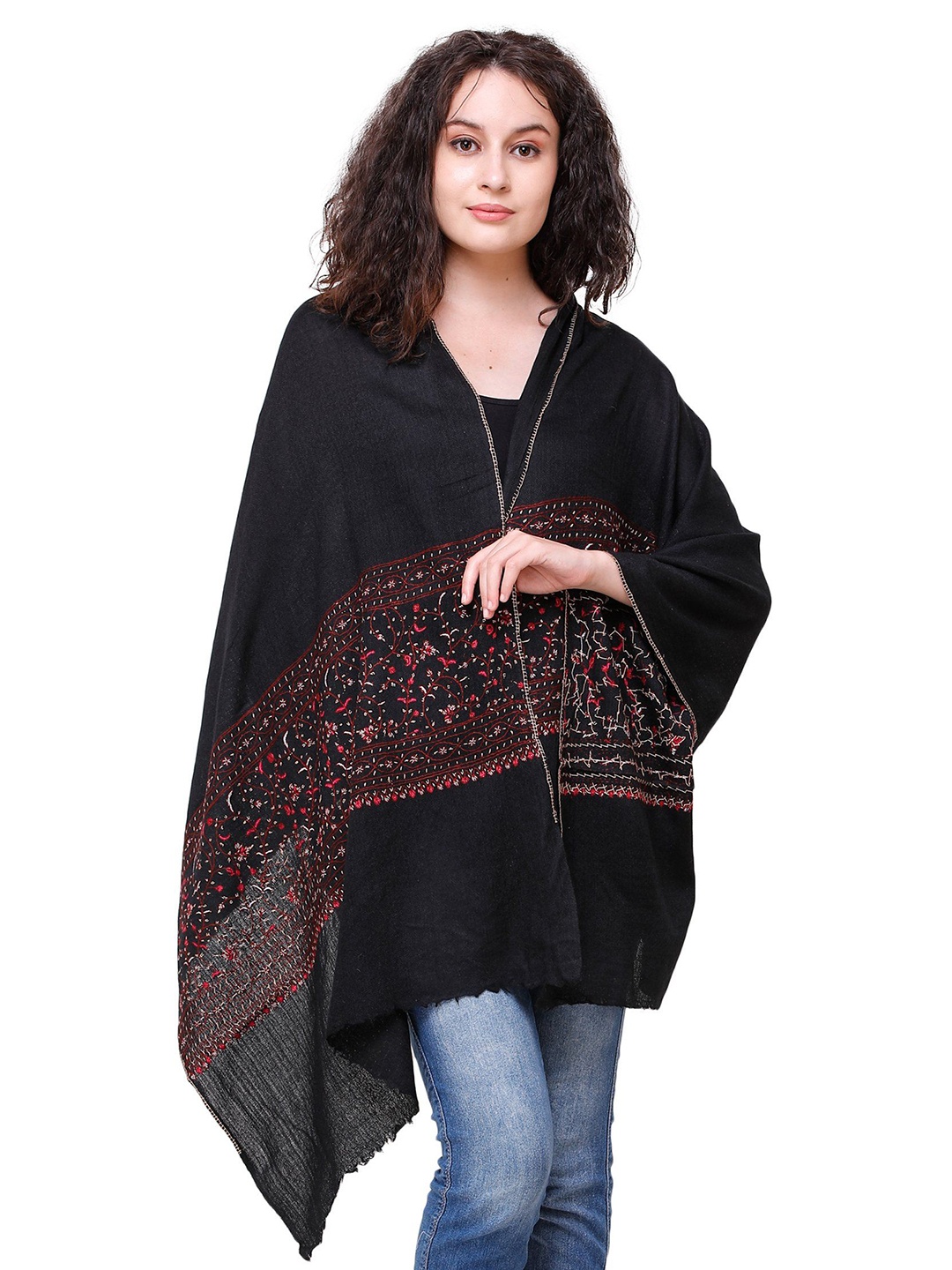 

Exotic India Caviar Black Sozni Embroidered Vines Pure Wool Kashmiri Stole