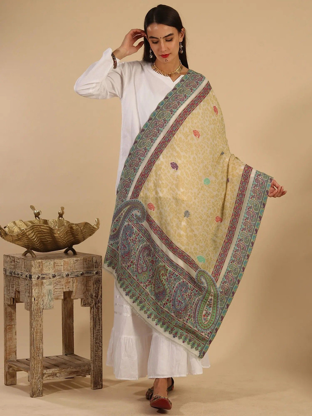

Exotic India Paisley Woven Design Woolen Stole, Green
