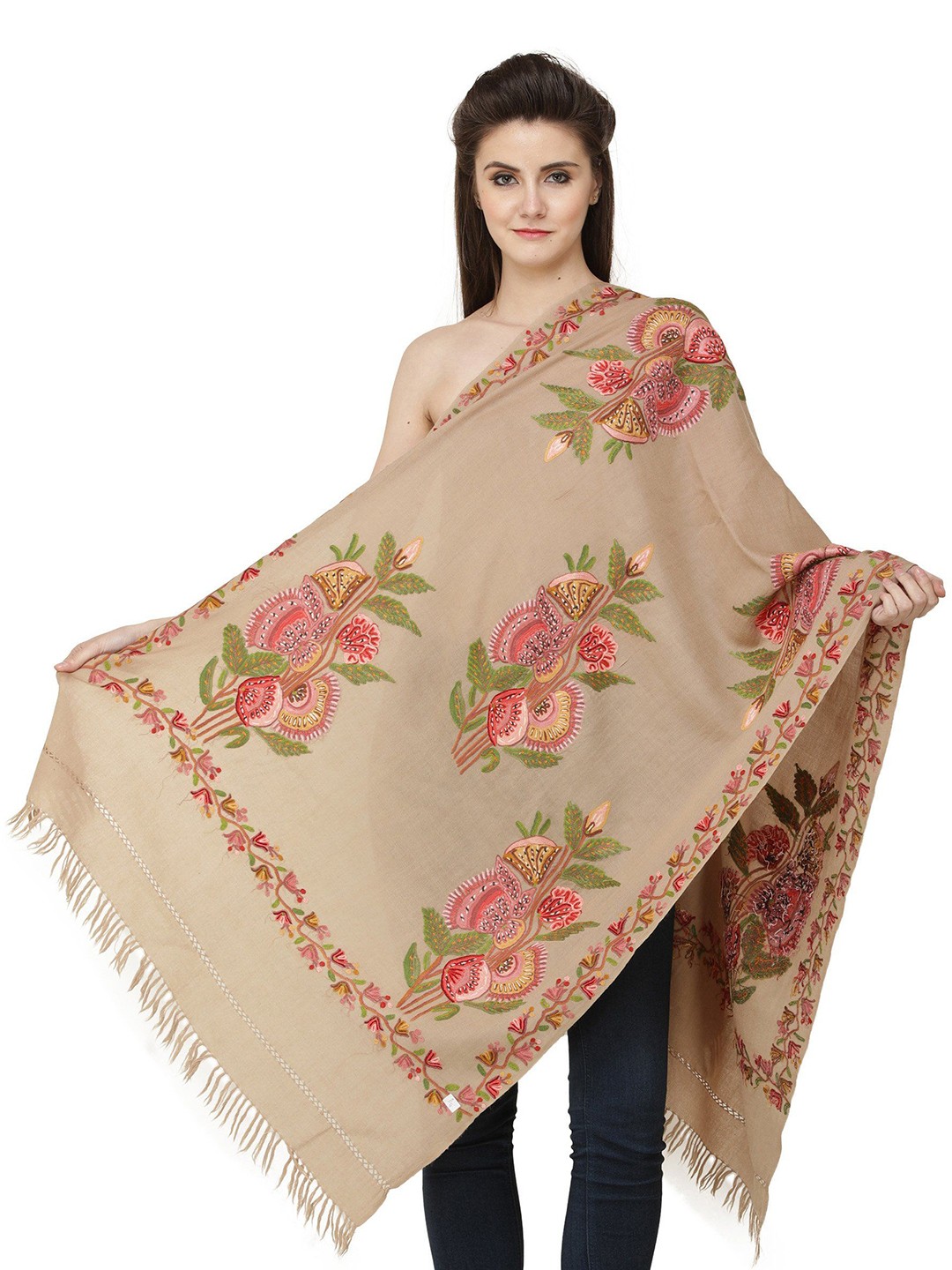 

Exotic India Mojave Dessert Hand-Embroidered Bunch of Flowers Pure Wool Kashmiri Stole, Beige
