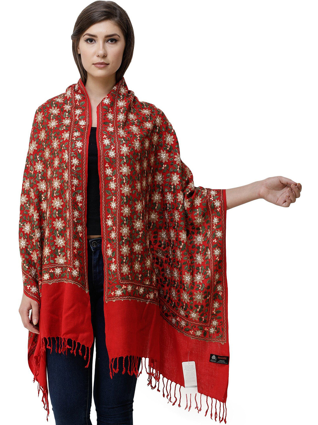 

Exotic India Formula One Pure Wool Stole with Aari Embroidered Flowers All-Over, Red