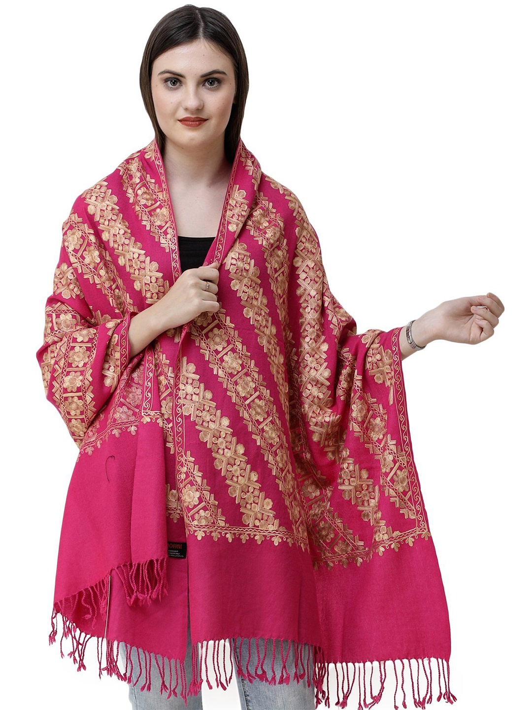 

Exotic India Diagonal Floral Aari Embroidered Pure Wool Stole, Pink