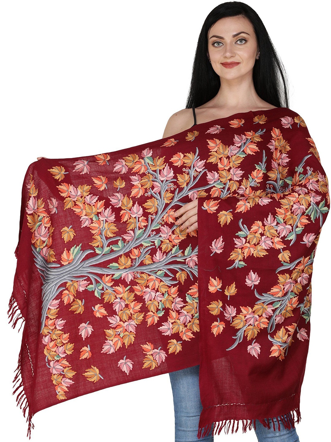 

Exotic India Hand-Embroidered Tree of Life Pure Wool Aari Kashmiri Stole, Rust