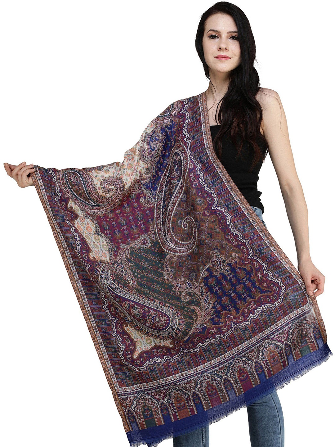 

Exotic India Deep Ultramarine Woven Florals and Paisleys Kani Jamawar Stole, Blue