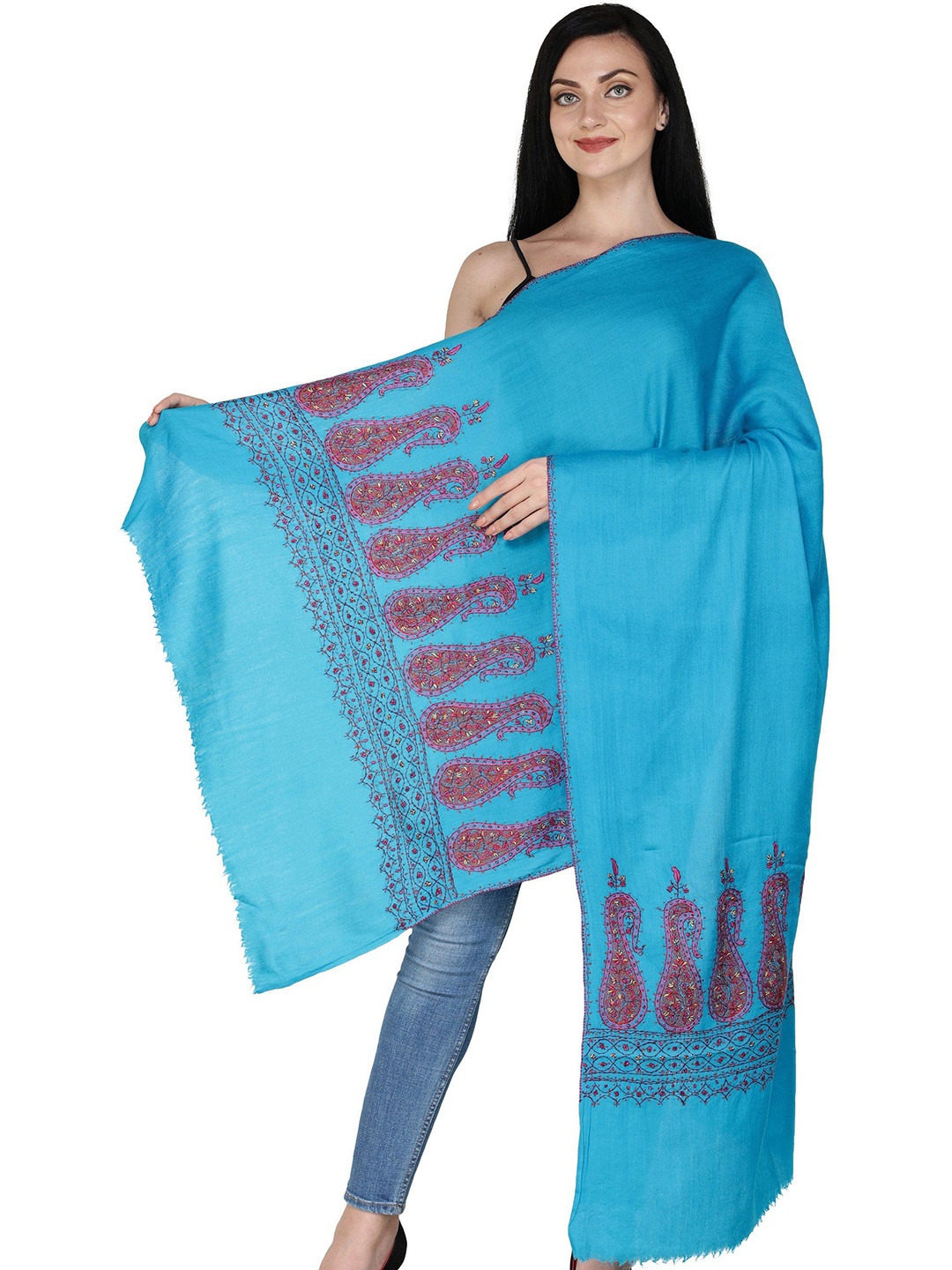

Exotic India Hawaiian Ocean Sozni Embroidered Paisleys and Florals Cashmere Kashmiri Stole, Blue