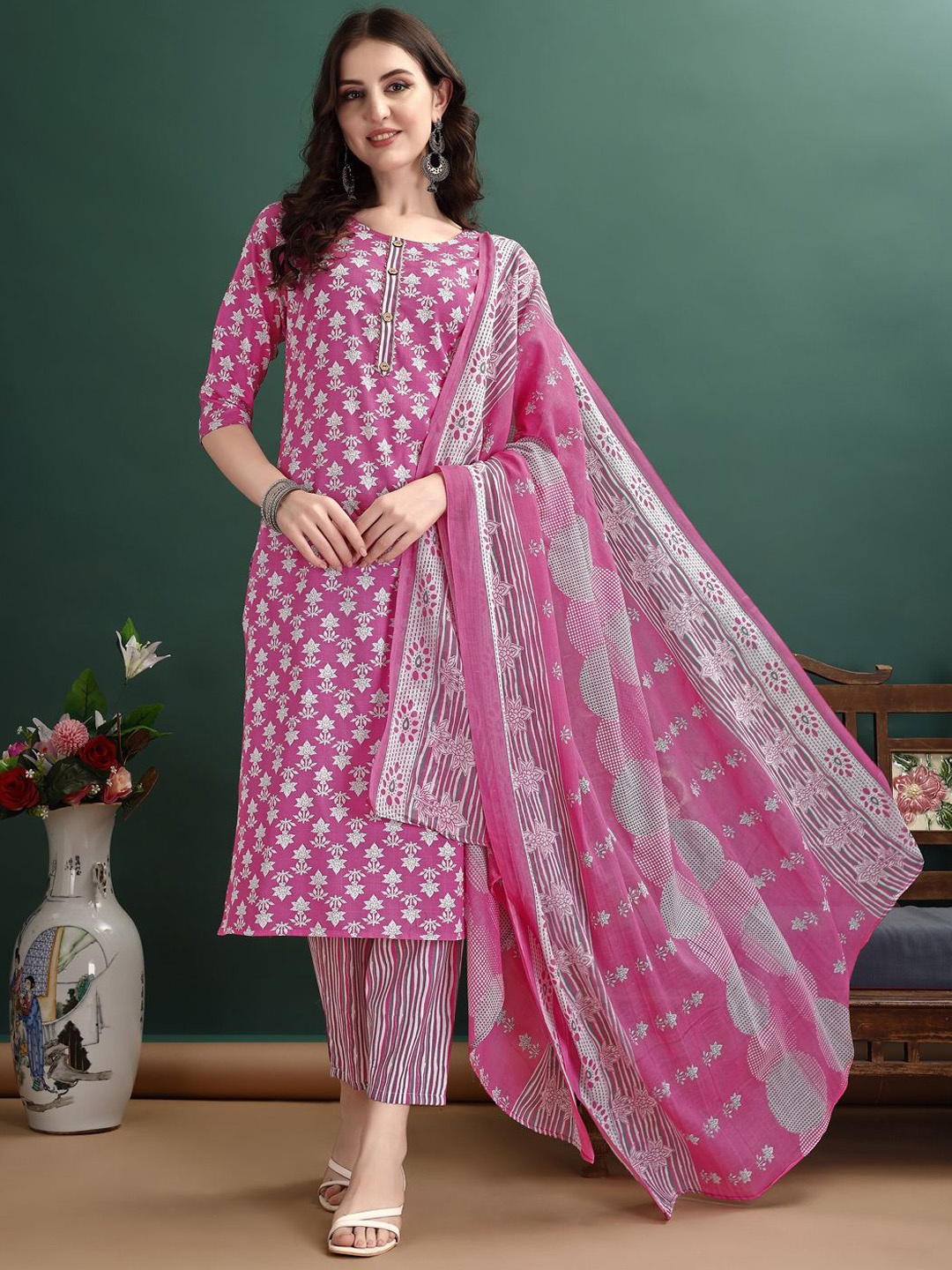 

KALINI Women Floral Printed Regular Kurta With Trousers & Dupatta, Pink