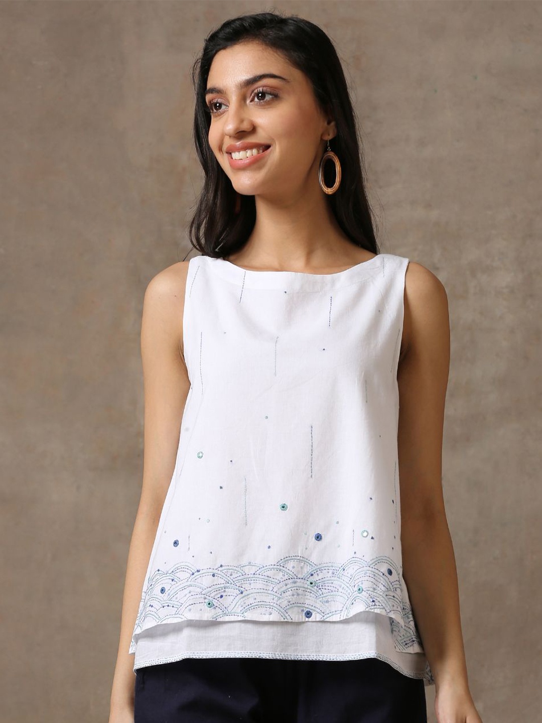 

OKHAI Embellished Embroidered Boat Neck Sleeveless Cotton A-Line Top, White