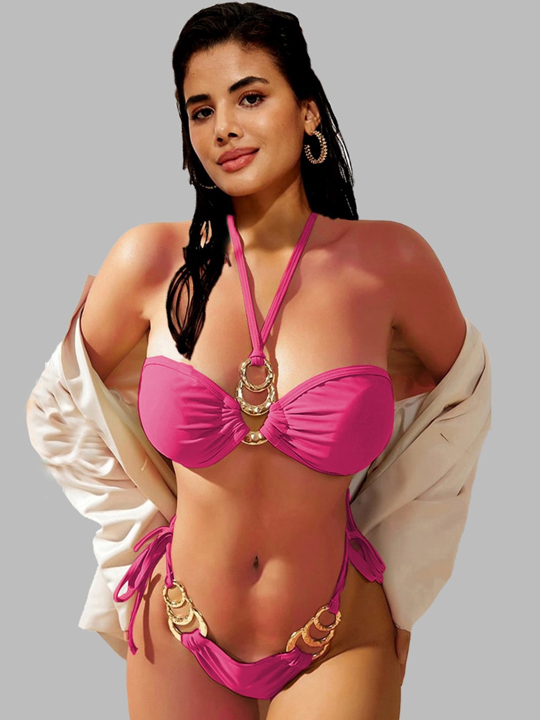 

FIMBUL Metal Ring Detail Non Padded Lingerie Set, Pink