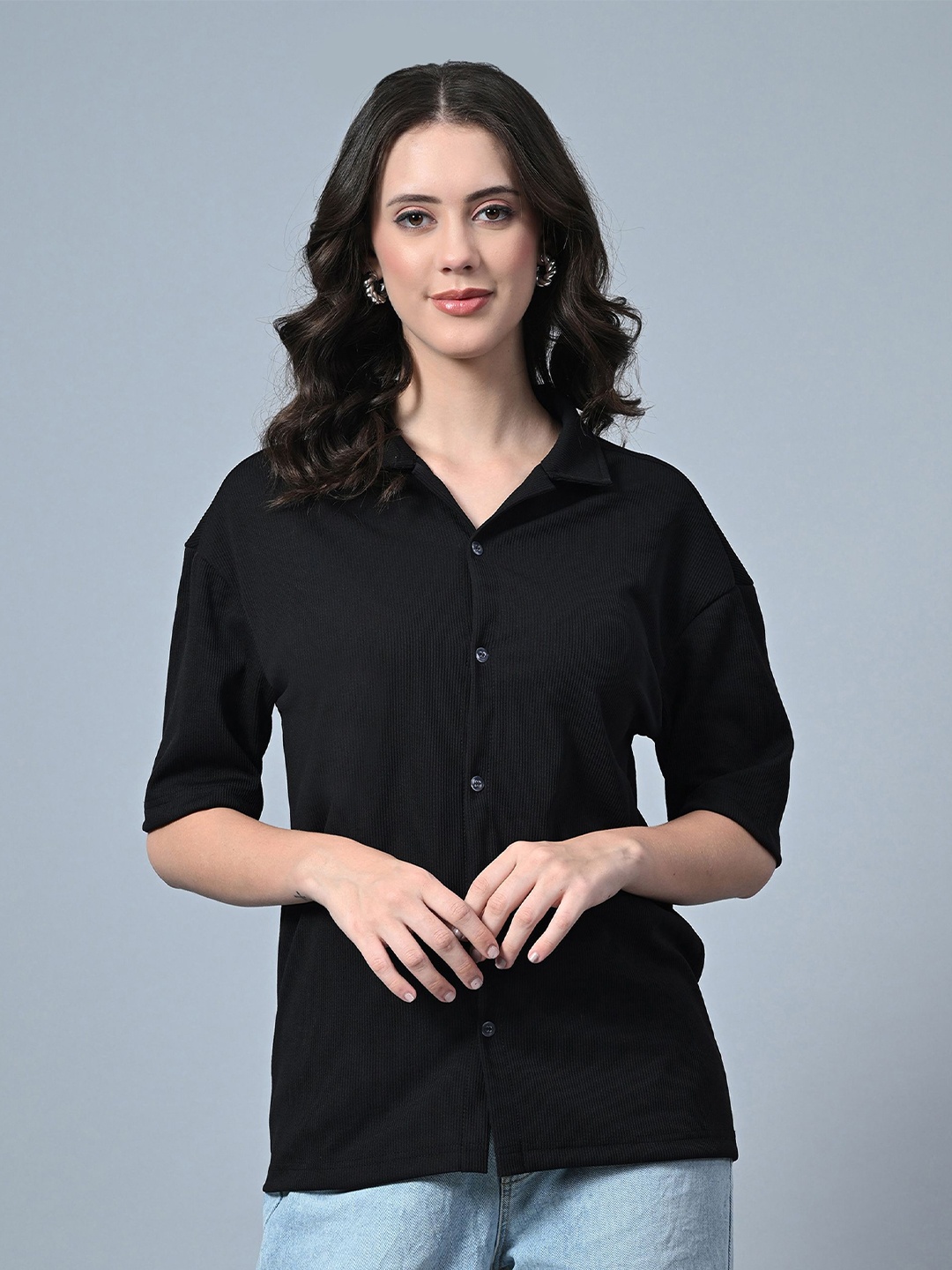 

CLAFOUTIS Cuban Collar Relaxed Fir Opaque Casual Shirt, Black