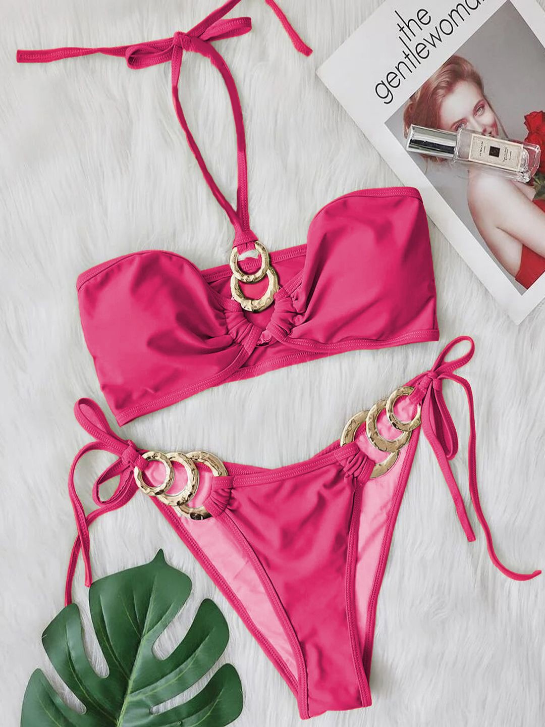 

Krelin Two Piece Metal Ring Polyester Bikini Set, Pink