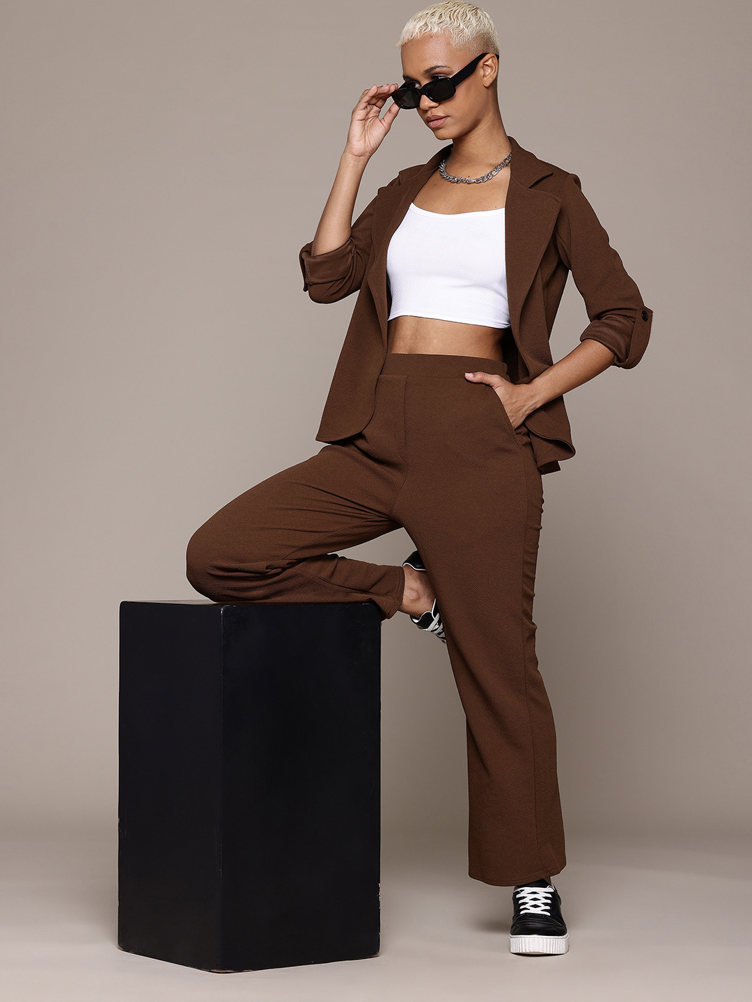 

Roadster Open Front Blazer With Trouser Co-Ords, Coffee brown