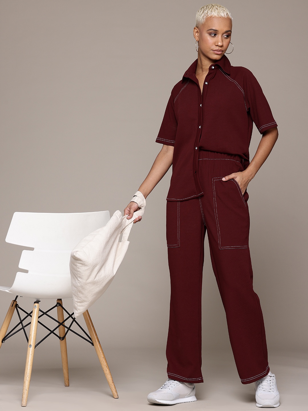 

Roadster Women Solid Co-Ords Set, Maroon