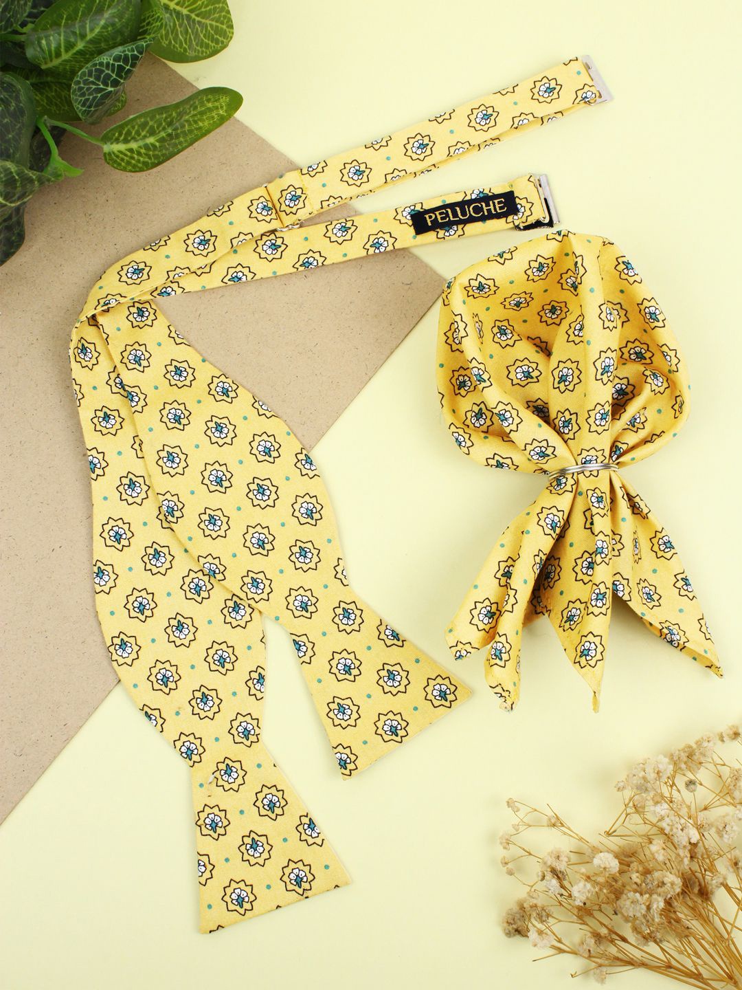 

Peluche Men Yellow Micro Floral Dynasty Open Bow Tie & Pocket Square Set