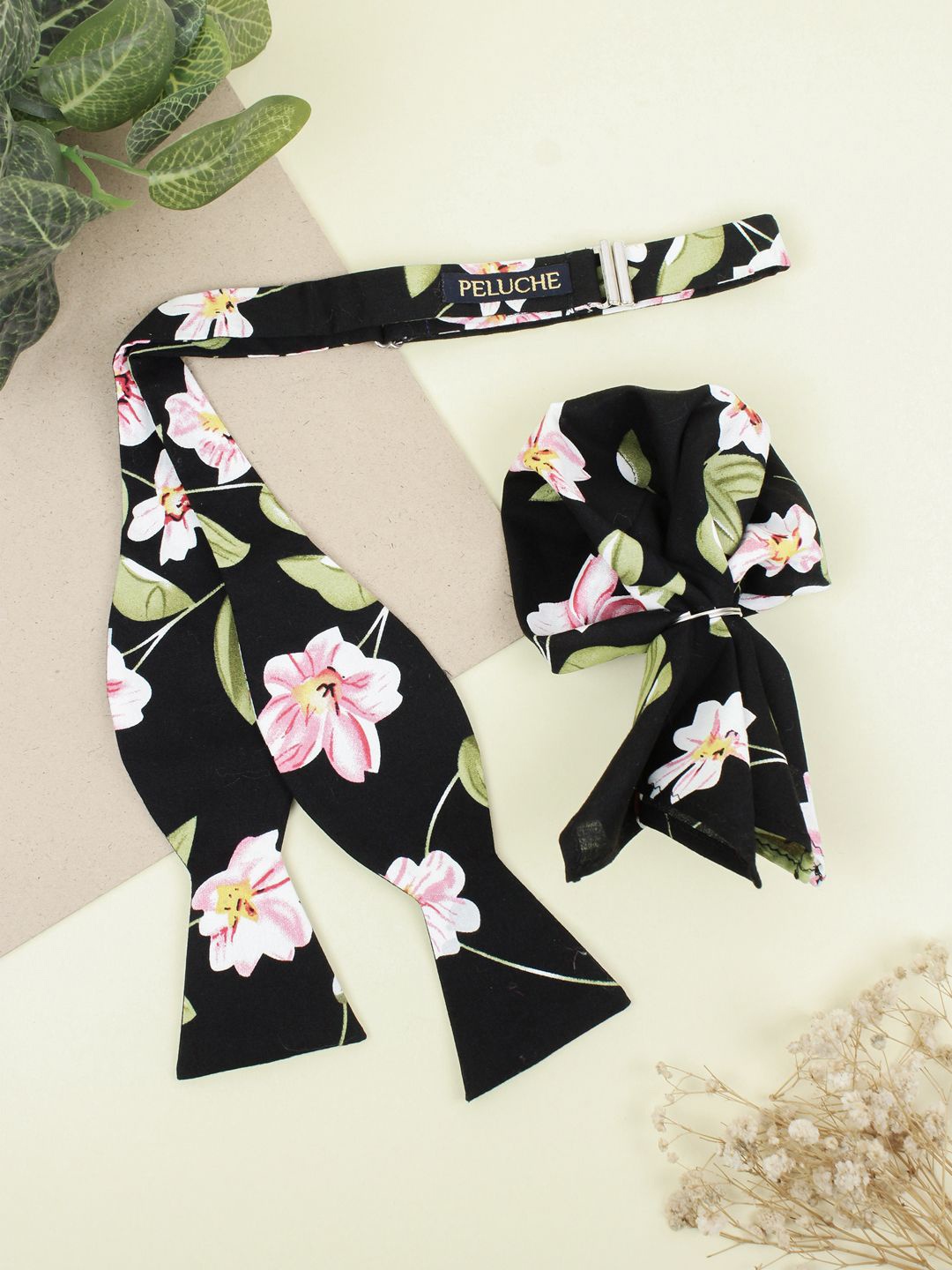 

Peluche Men Black Floral Affair Open Bow Tie & Pocket Square Set