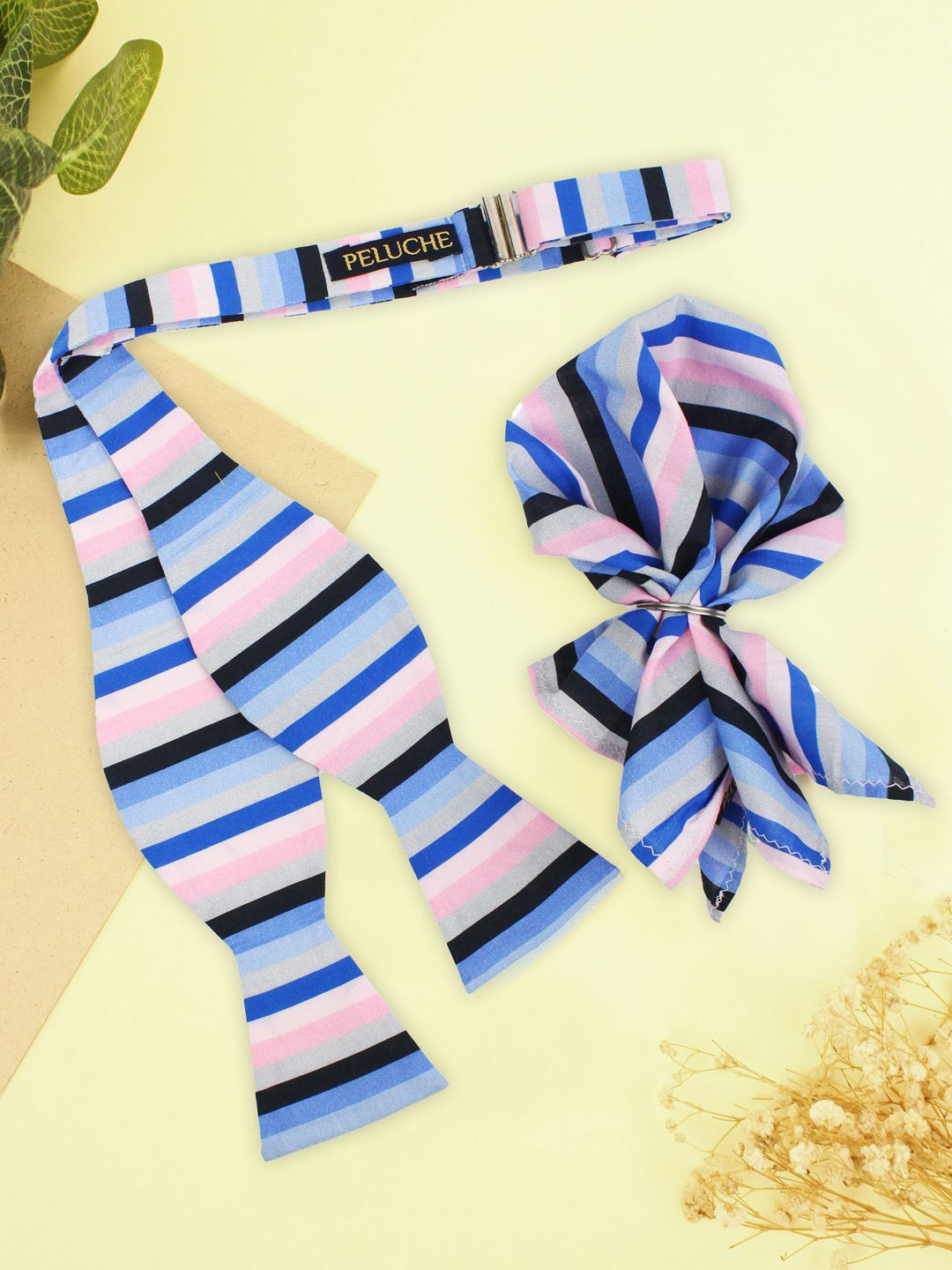 

PELUCHE Men Striped Cotton Open Bow Tie & Pocket Square, Blue