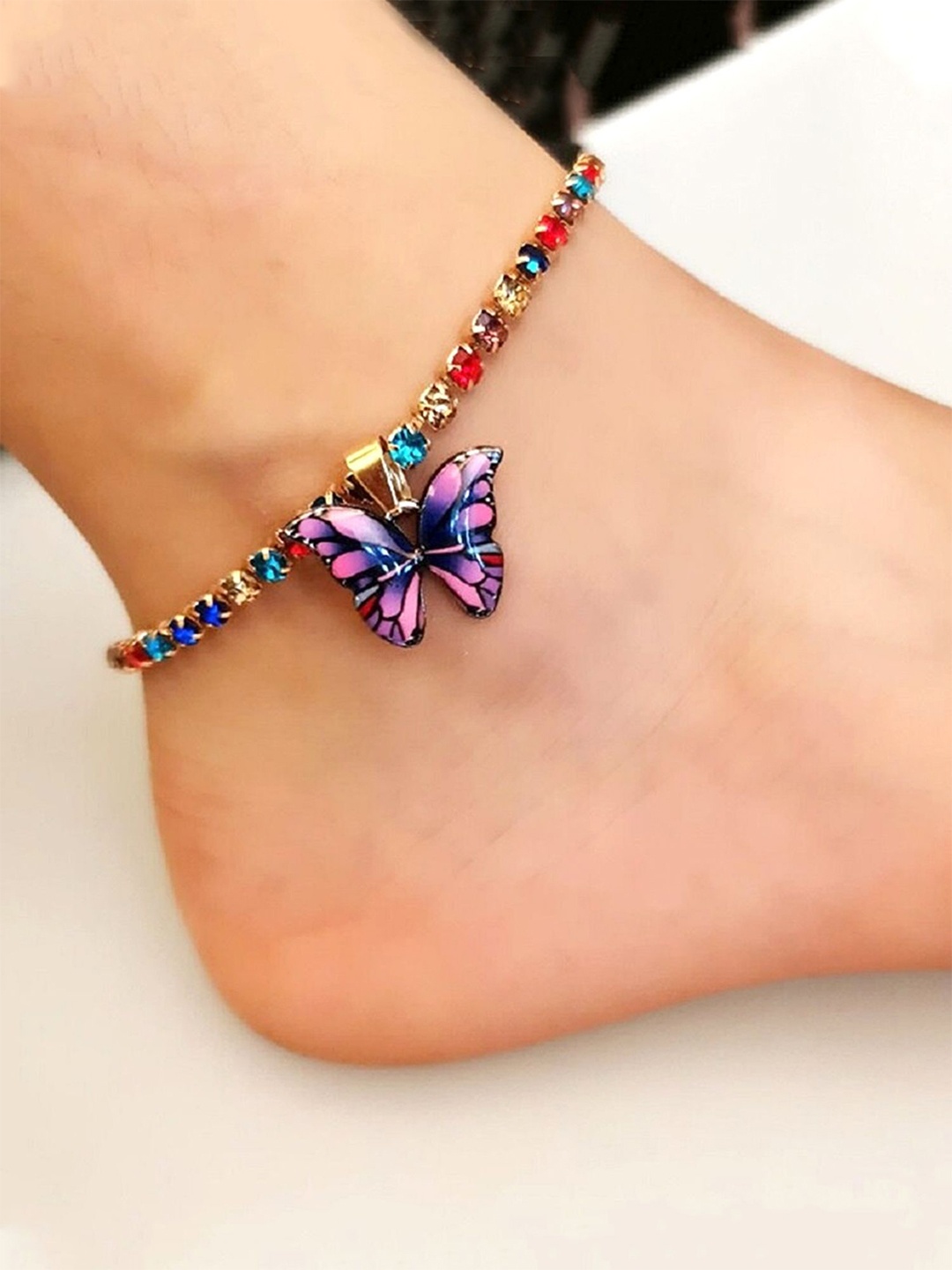 

Yellow Chimes Crystal Butterfly Studded Anklet, Gold