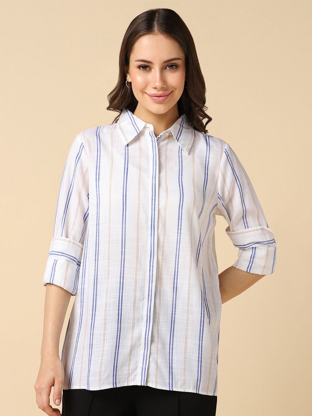 

Allen Solly Woman Vertical Striped Concealed Button Placket Casual Shirt, White