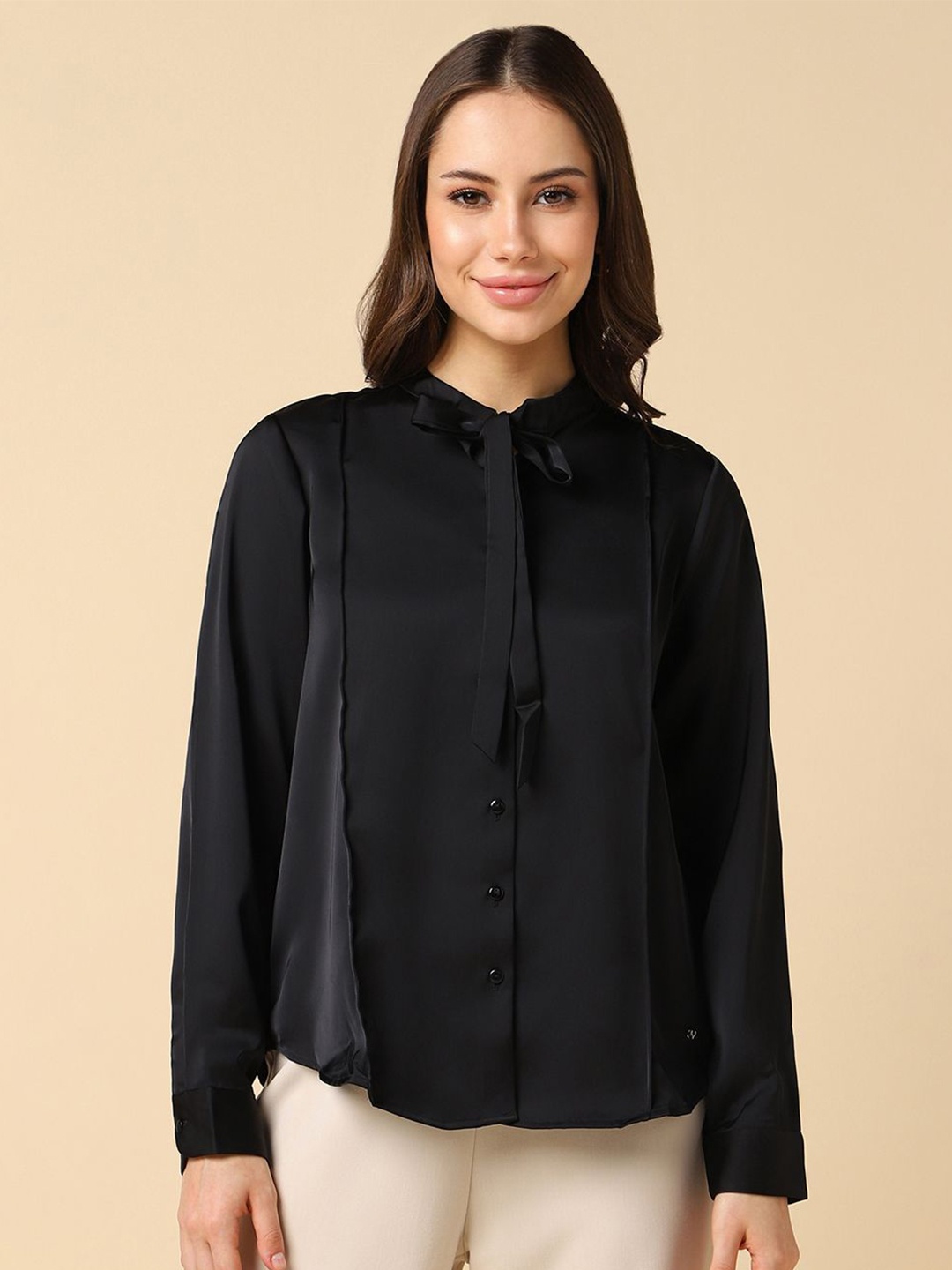 

Allen Solly Woman Mandarin Collar Tie Up Detail Formal Shirt, Black