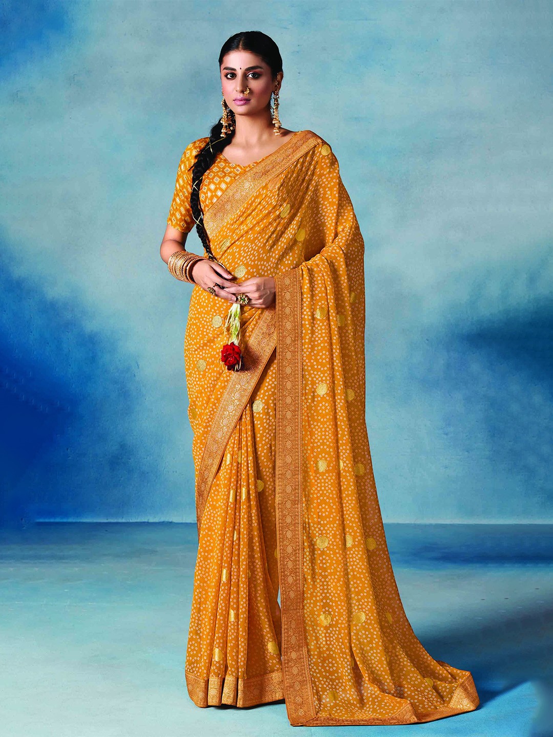 

Panzora Bandhani Printed Saree, Yellow