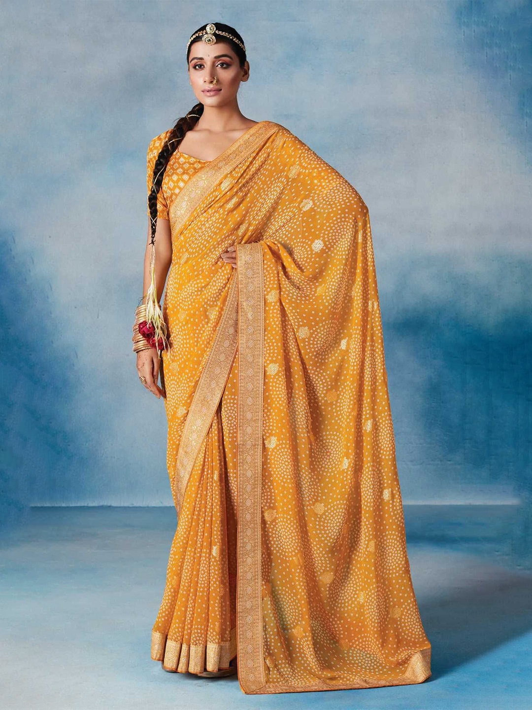 

Panzora Bandhani Printed Saree, Yellow