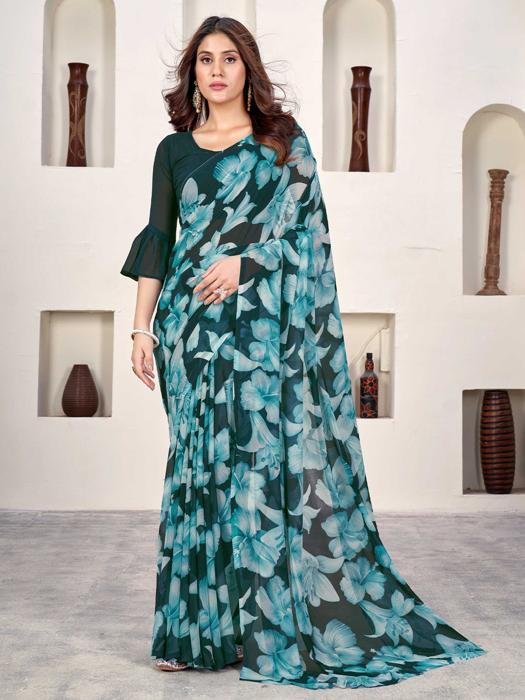 

Panzora Floral Printed Saree, Teal