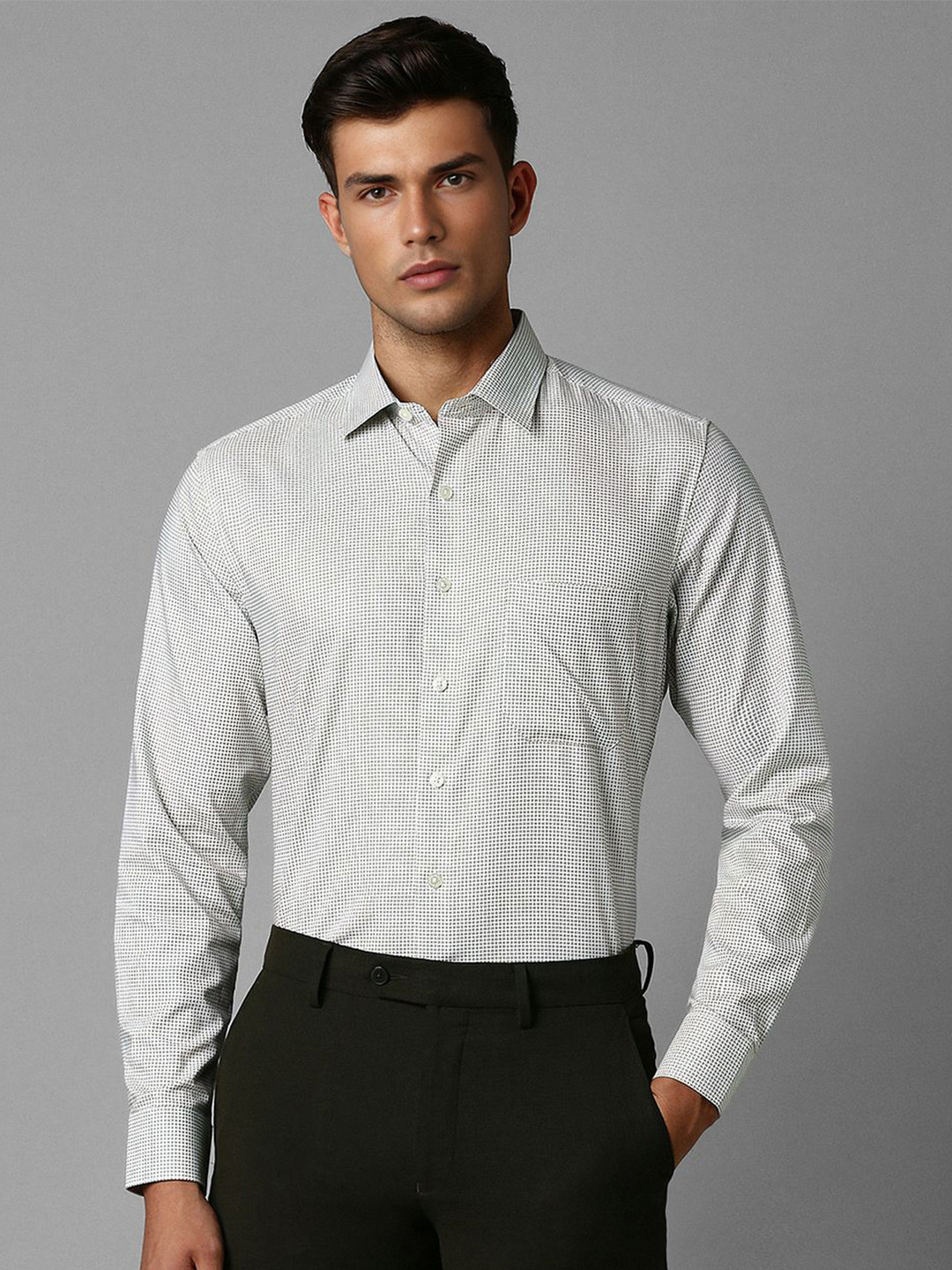 

Louis Philippe Slim Fit Micro Checked Spread Collar Cotton Formal Shirt, Grey