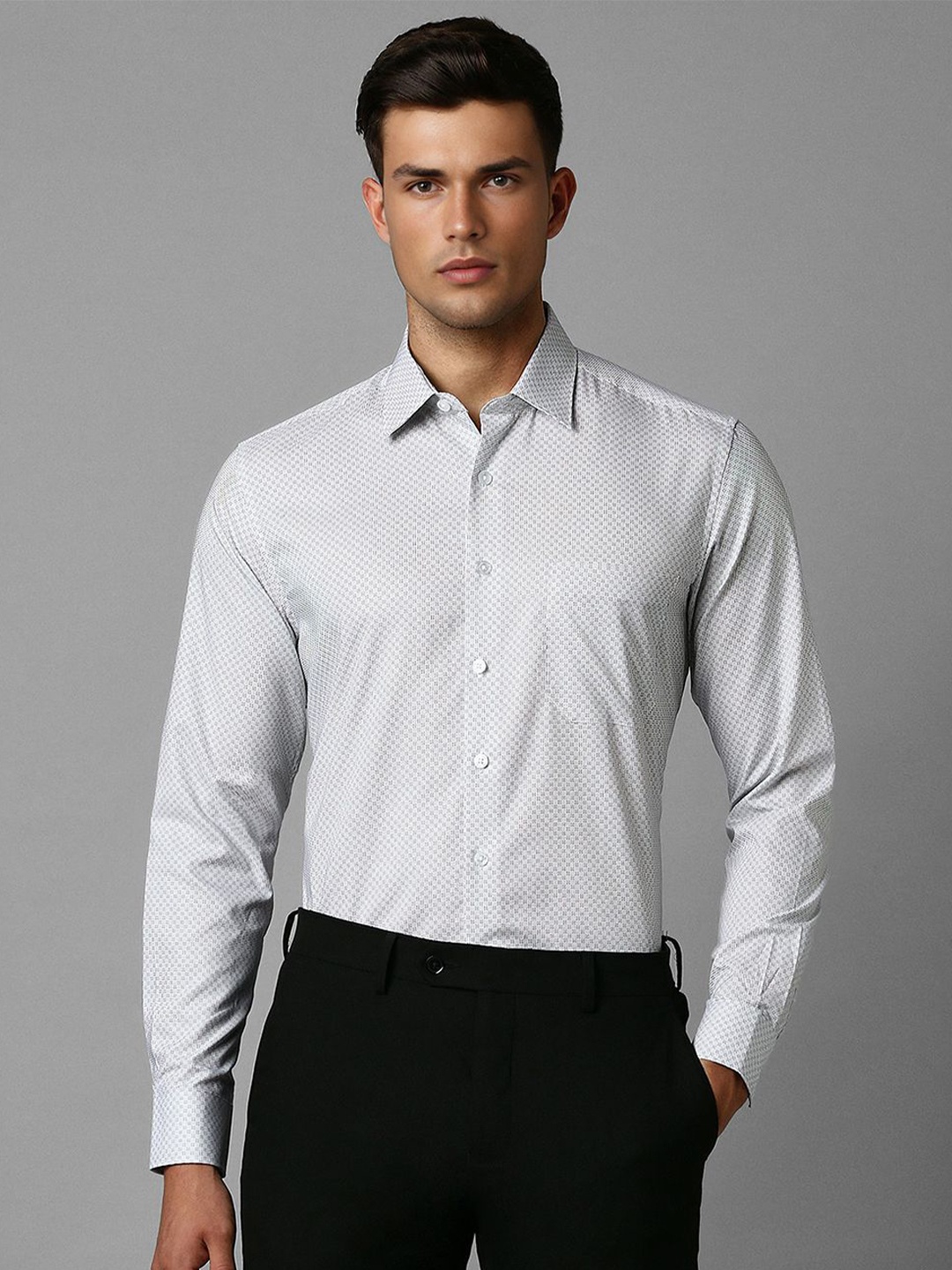 

Louis Philippe Spread Collar Slim Fit Printed Cotton Formal Shirt, Grey