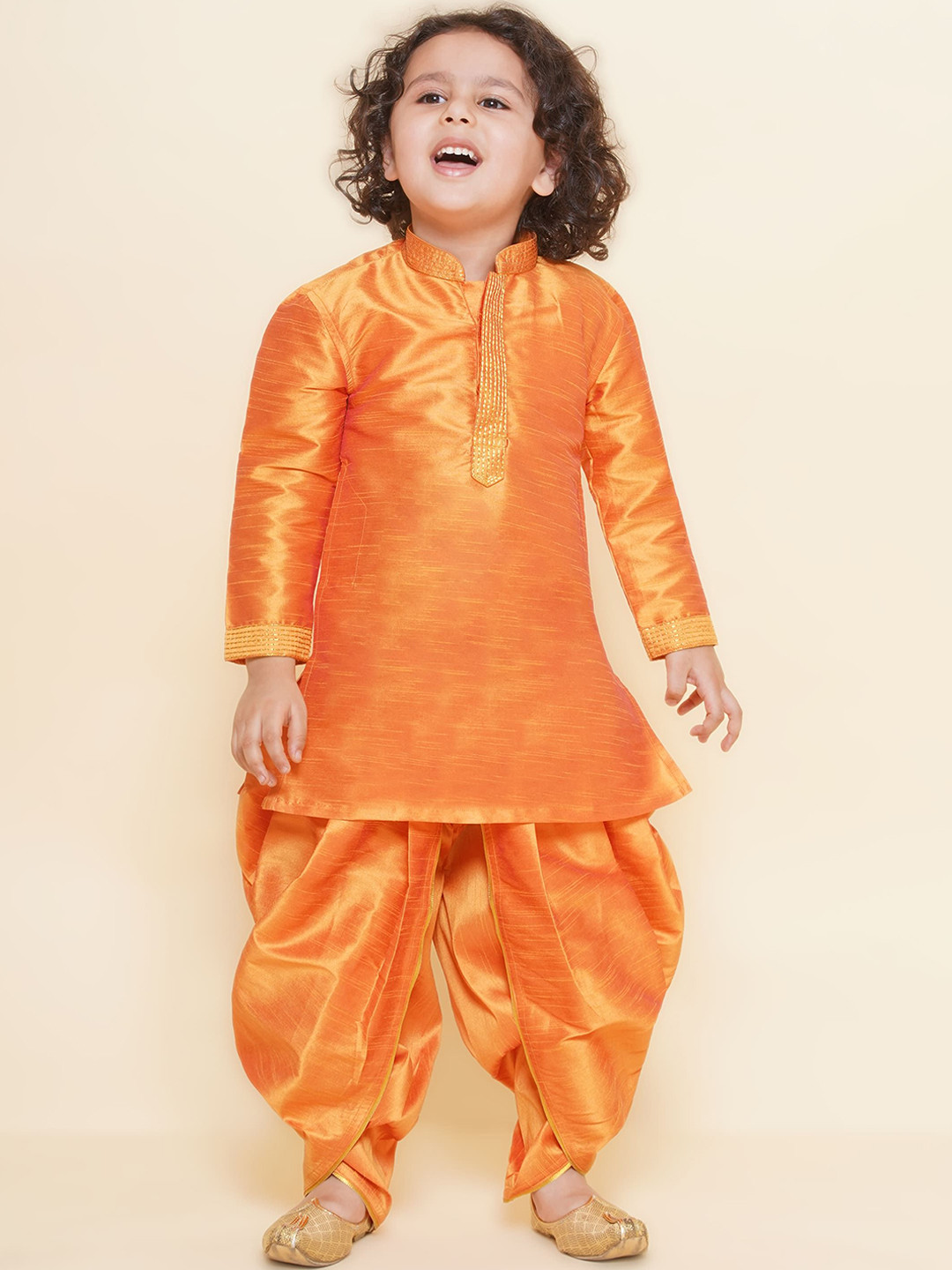 

Sethukrishna Boys Mandarin Collar Thread Work Straight Kurta With Dhoti Pants, Orange