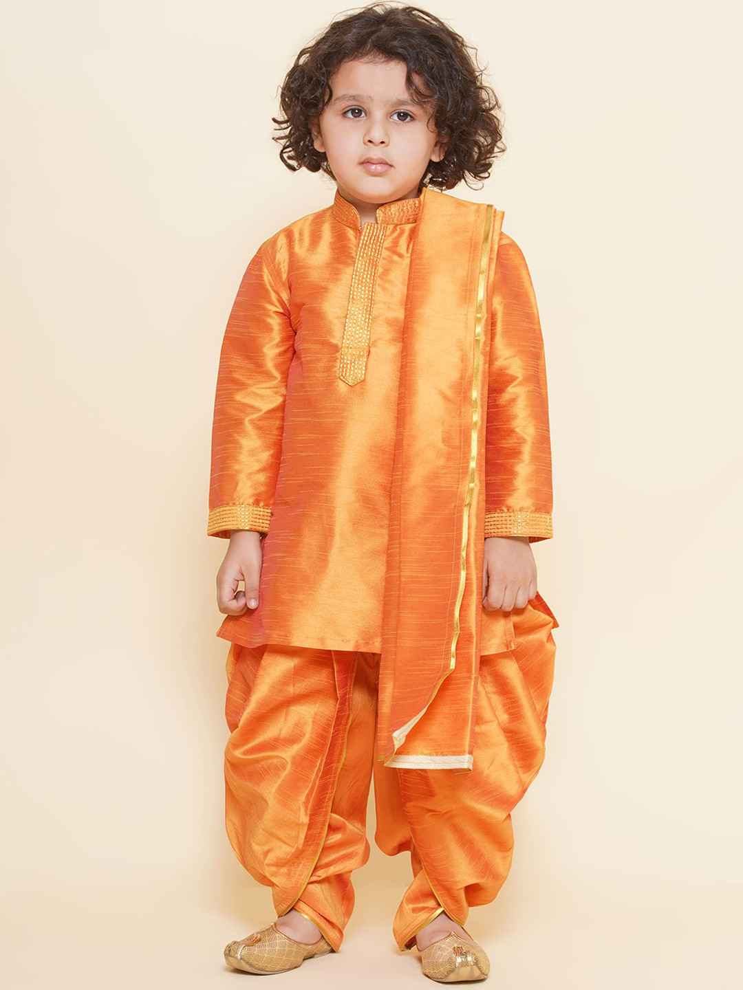 

Sethukrishna Boys Mandarin Collar Thread Work Straight Kurta With Dhoti Pants & Dupatta, Orange