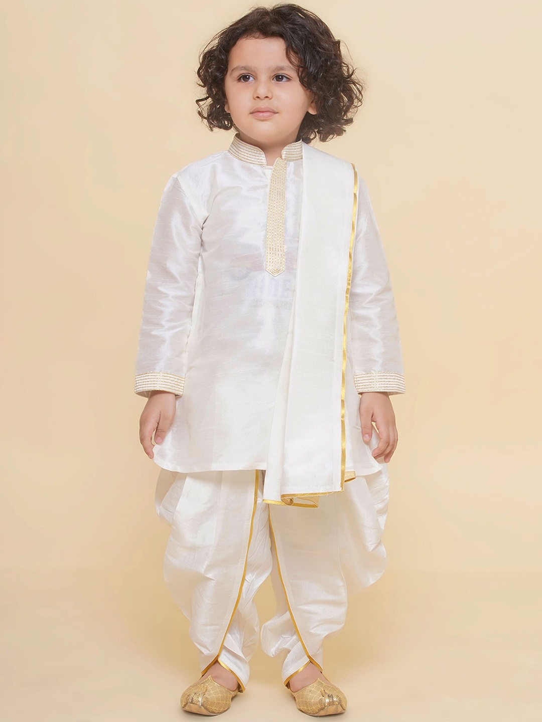 

Sethukrishna Boys Mandarin Collar Dupion Silk Straight Kurta With Dhoti & Angavastram, Cream