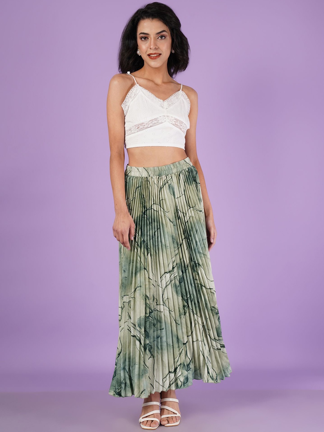 

OTABU Abstract Printed A-Line Flared Maxi Skirt, Green