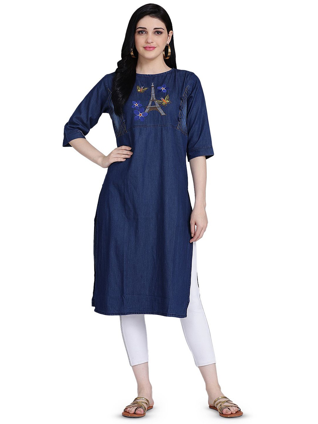 

KALINI Floral Yoke Design Thread Work Denim Weave Straight Kurta, Blue