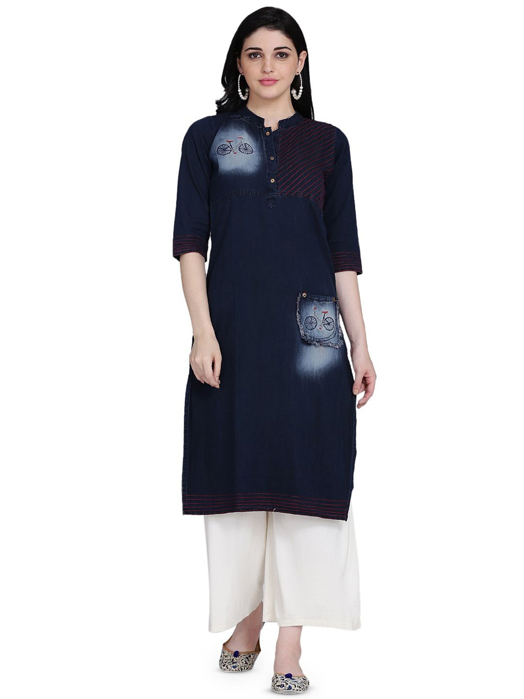 

KALINI Embroidered Thread Work Denim Kurta, Navy blue