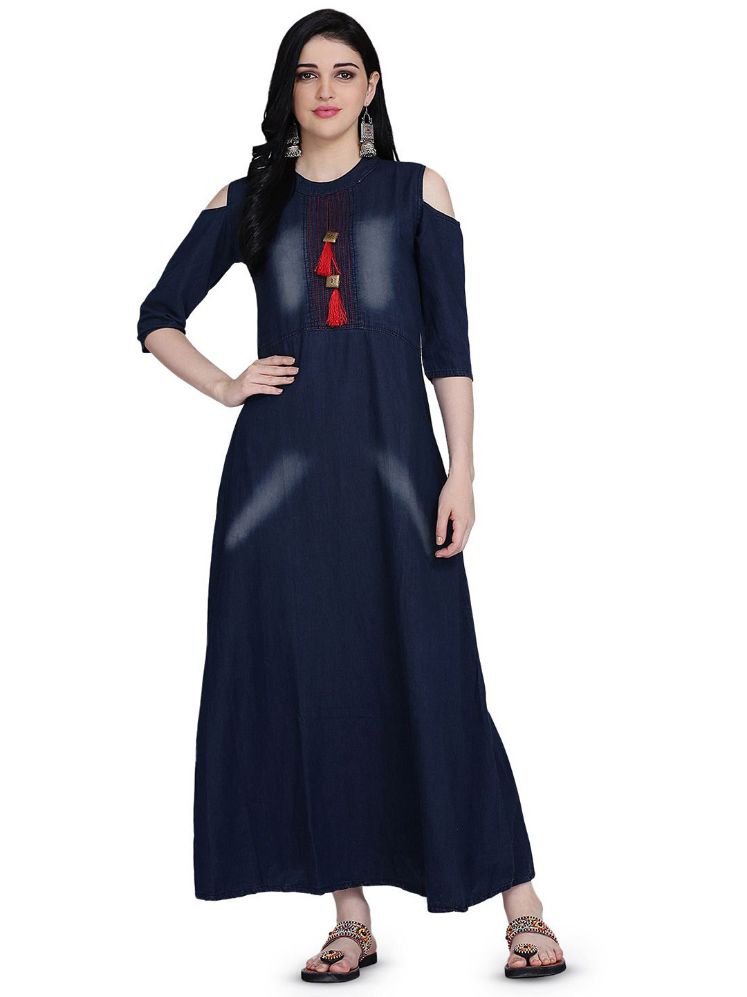 

KALINI Cold-Shoulder Denim A-Line Maxi Dress, Navy blue