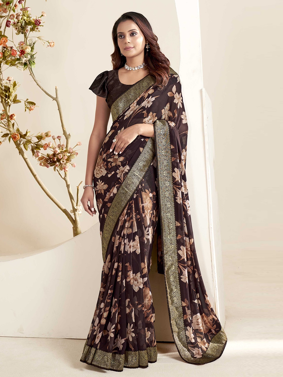 

Panzora Floral Zari Woven Design Saree, Brown