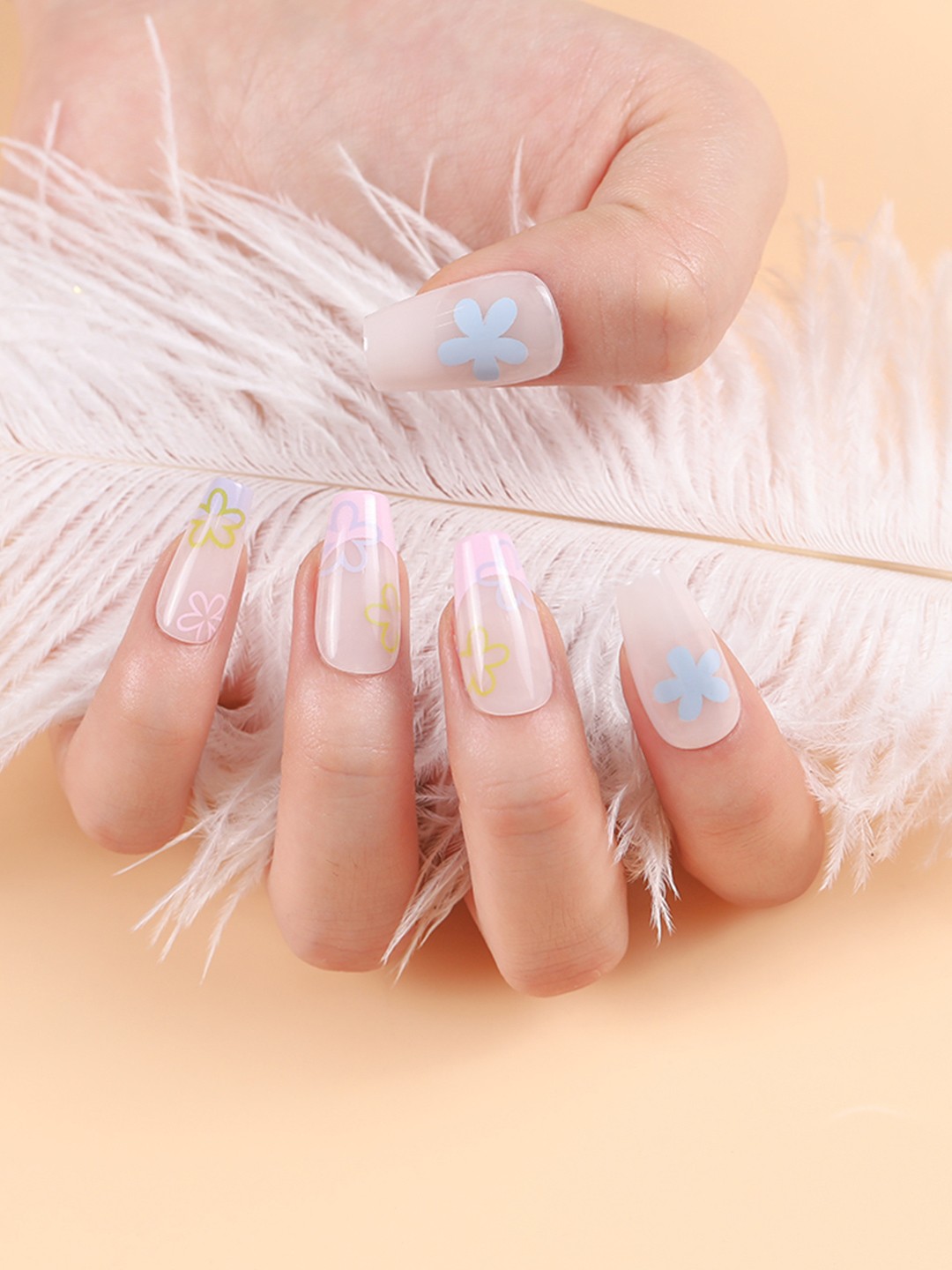 

LICK 30 Pcs Glossy Floral long Fake Nail Extension/Artificial Nails/Press On Nails - Nude, Transparent
