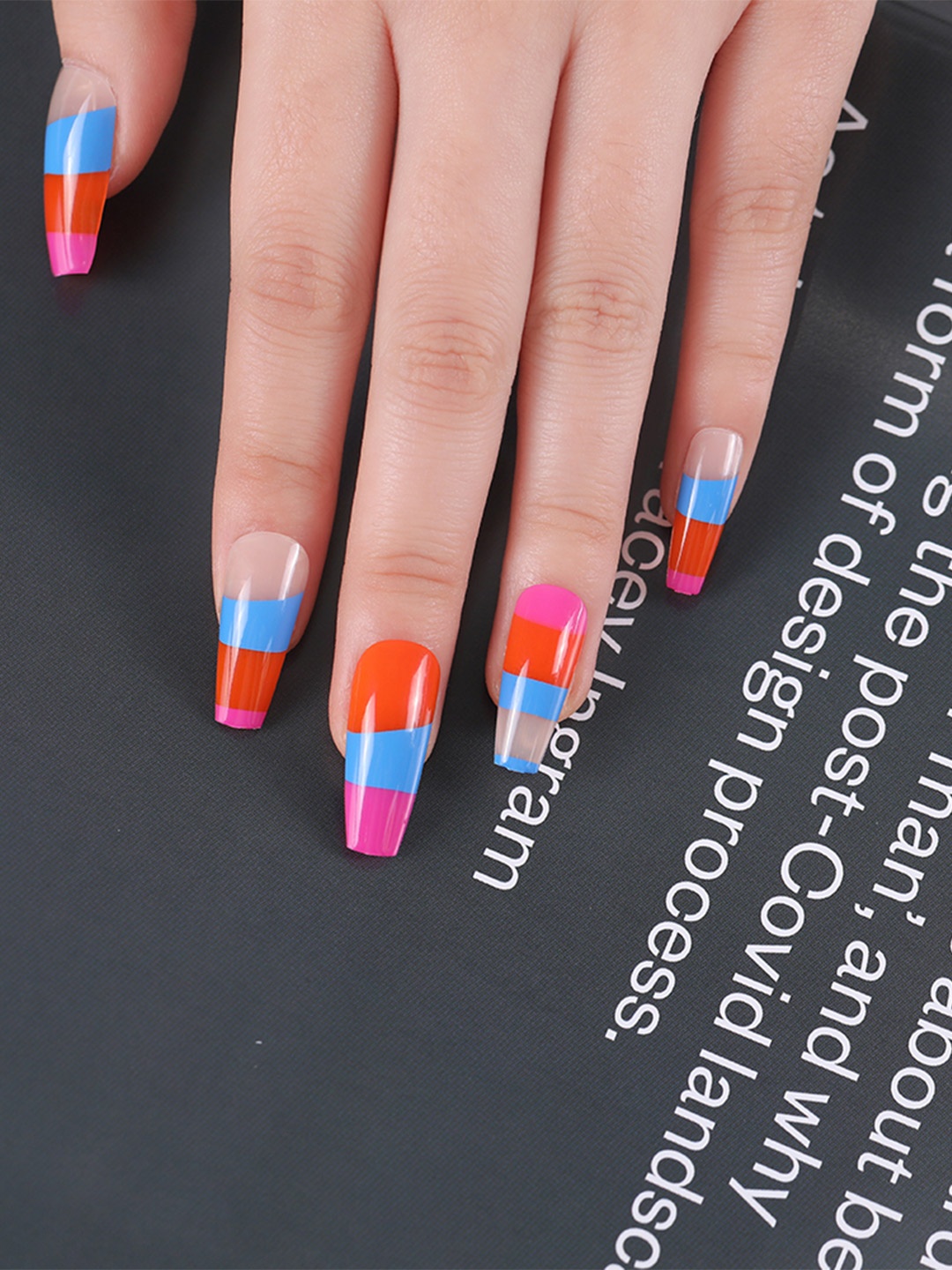 

LICK 30 Pcs Glossy Long Fake Nail Extension/Artificial Nails/Press On Nails -Multi Colour, Blue