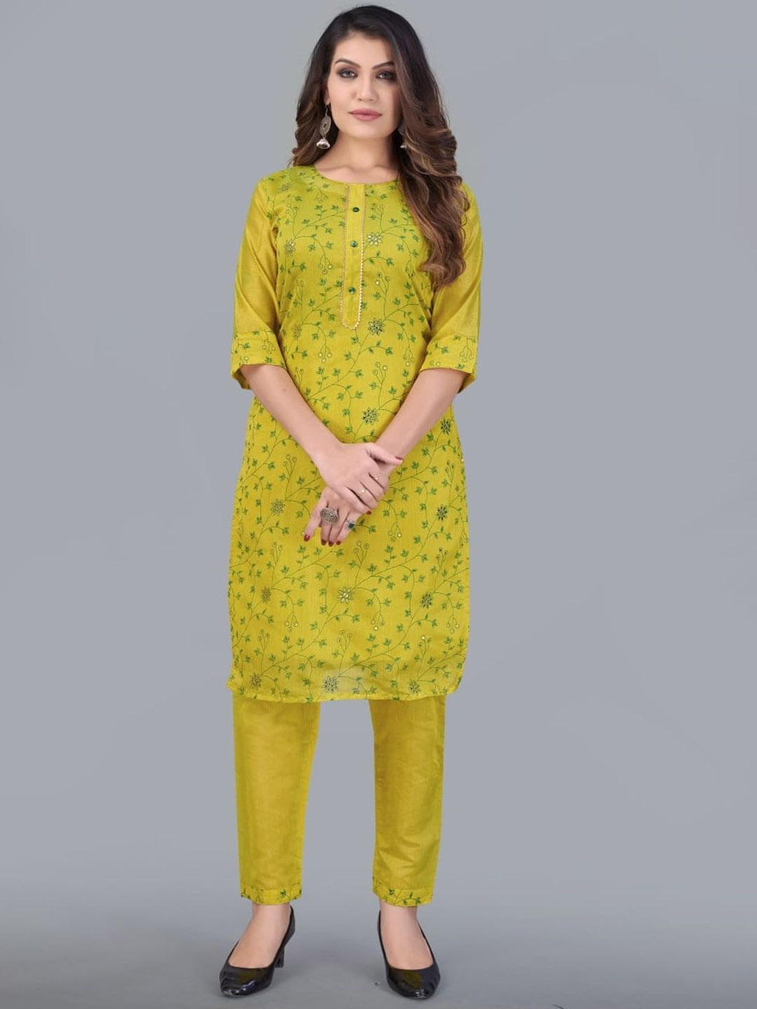 

Rujave Floral Printed Round Neck Sequinned Chanderi silk Straight Kurta with Trousers, Yellow