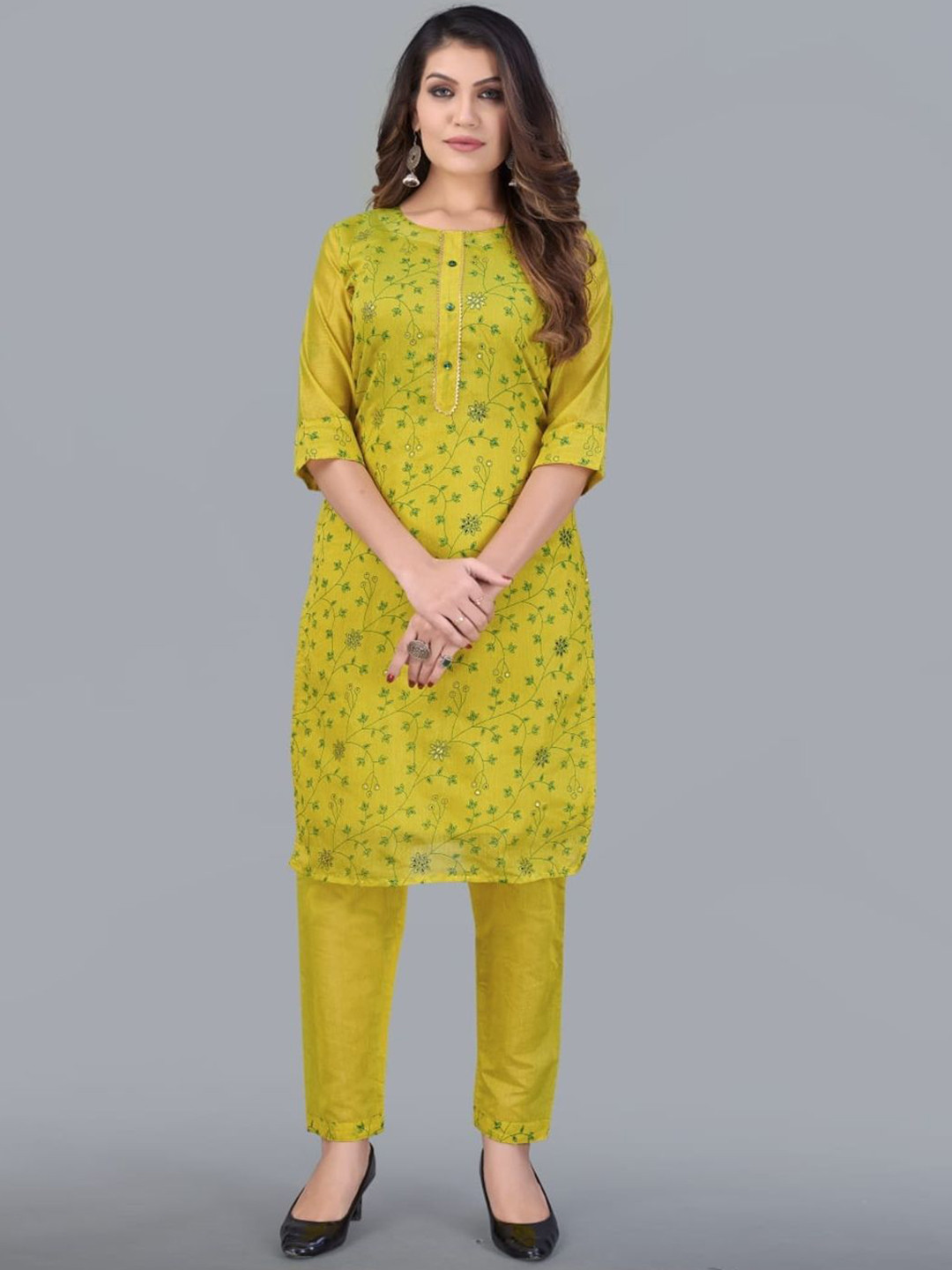

Rujave Floral Printed Round Neck Sequinned Chanderi silk Straight Kurta with Trousers, Yellow