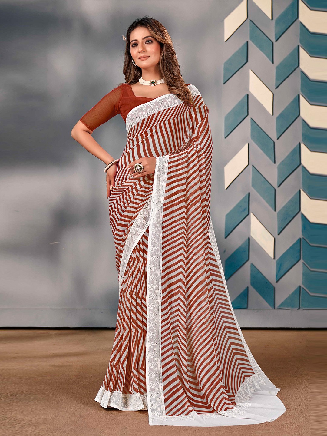

Panzora Embellished Striped Saree With Blouse Piece, Brown
