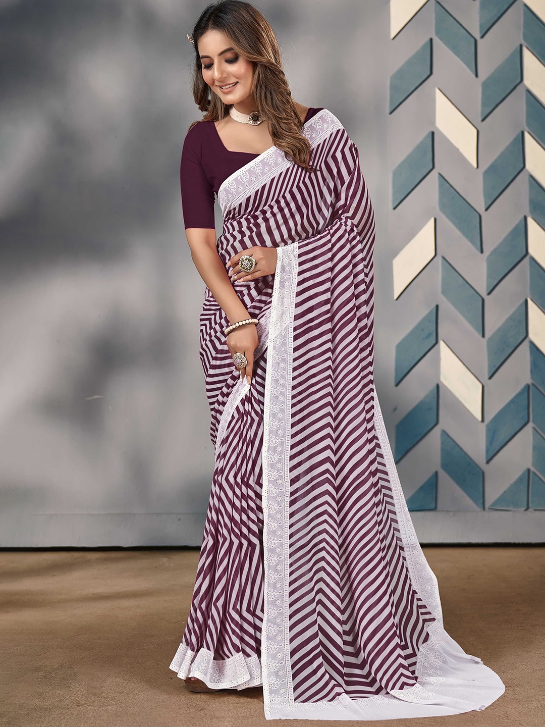 

Panzora Embellished Striped Saree With Blouse Piece, Purple