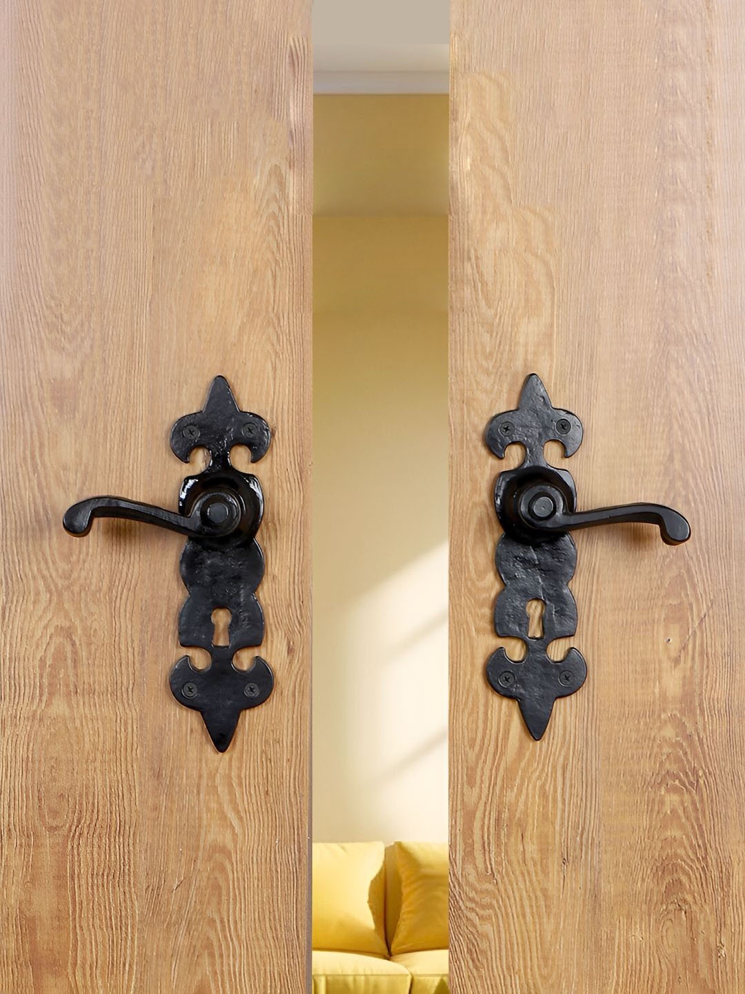 

Two Moustaches Black Wrought Iron Door Lever Handle with Keyhole