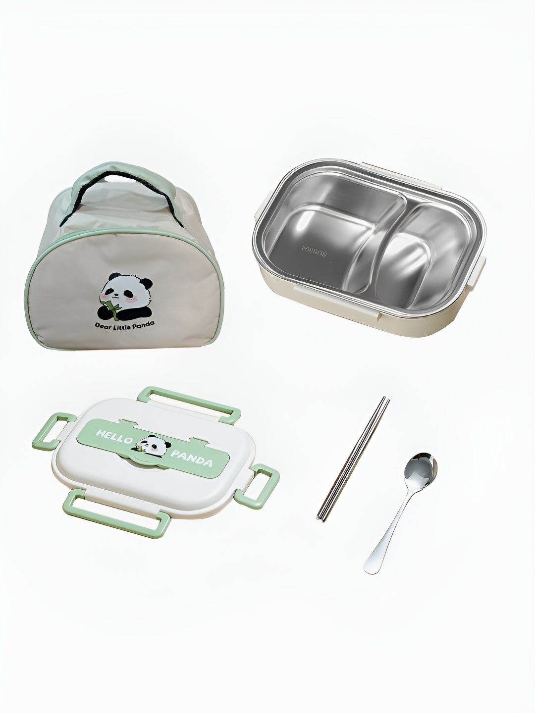 

Little Surprise Box LLP Kids Green 5 Pieces Happy Panda Stainless Steel Lunch Box With Bag