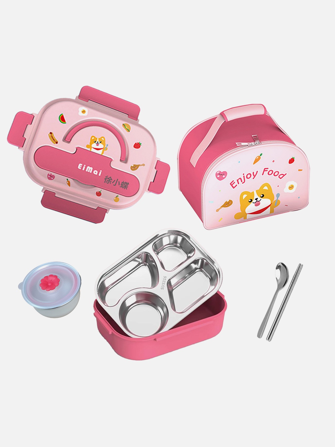 

Little Surprise Box Kids Pink Leak Proof Stainless Steel Lunch Box With Lunch bag