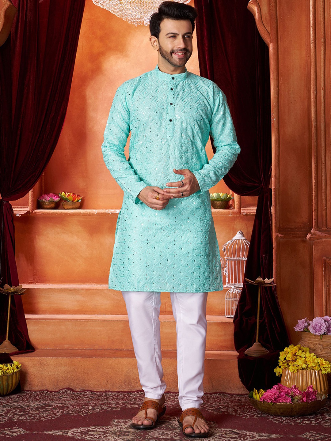 

Fashion FRICKS Ethnic Motifs Sequin Embroidered Cotton Straight Kurta, Sea green