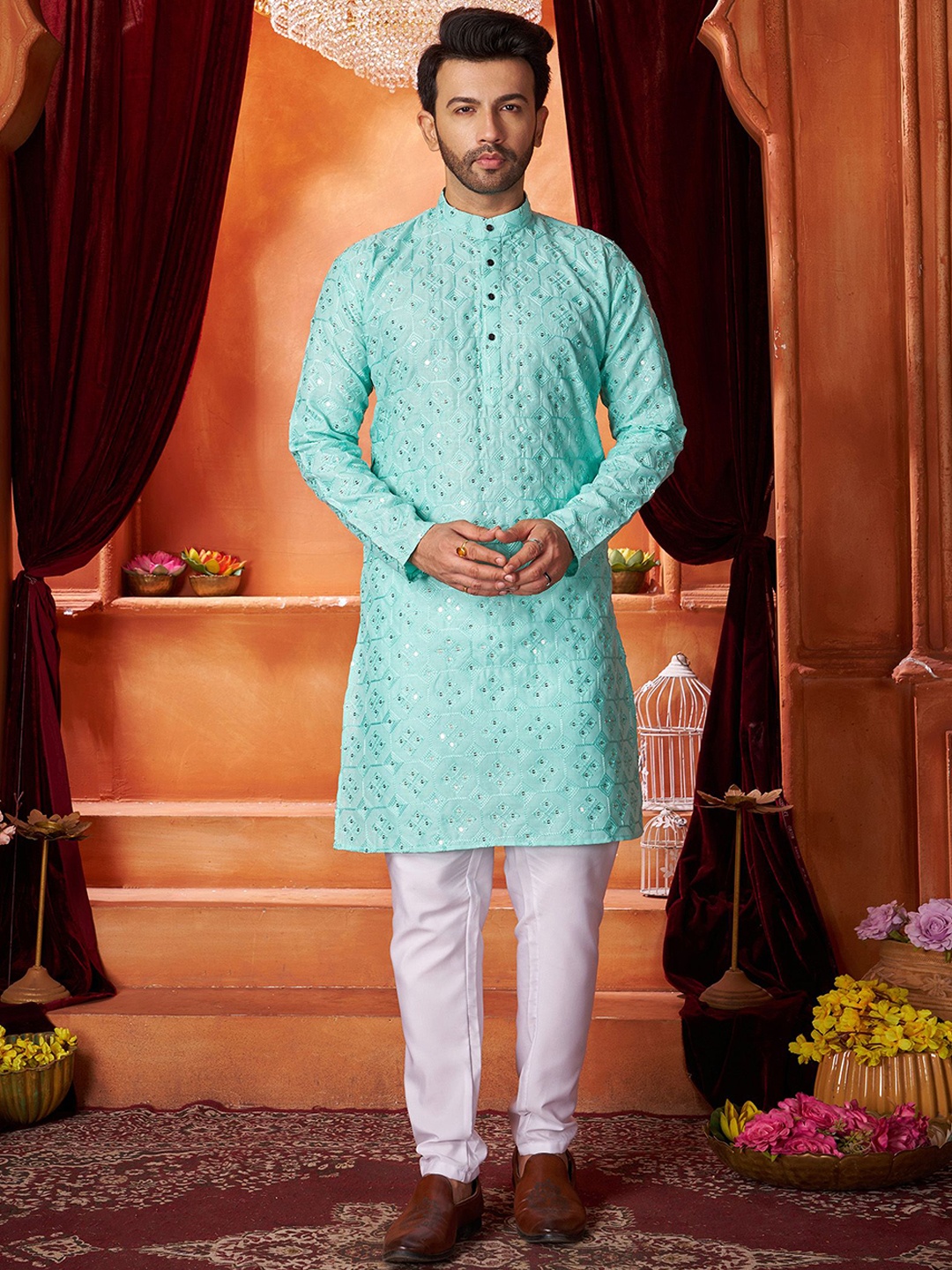 

Fashion FRICKS Ethnic Motifs Sequin Embroidered Cotton Straight Kurta, Sea green