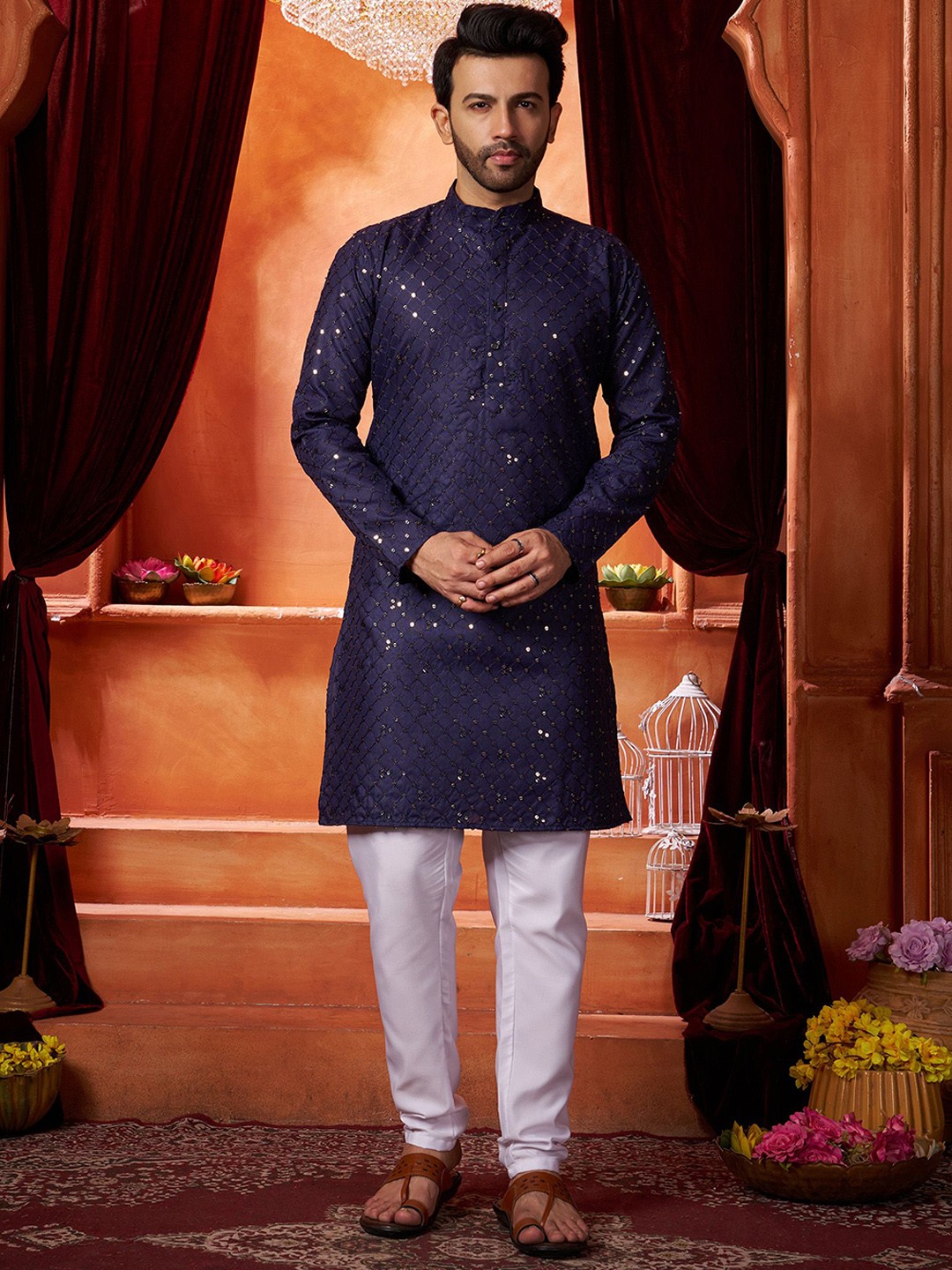 

Fashion FRICKS Geometric Embroidered Mandarin Collar Sequinned Cotton Straight Kurta, Navy blue