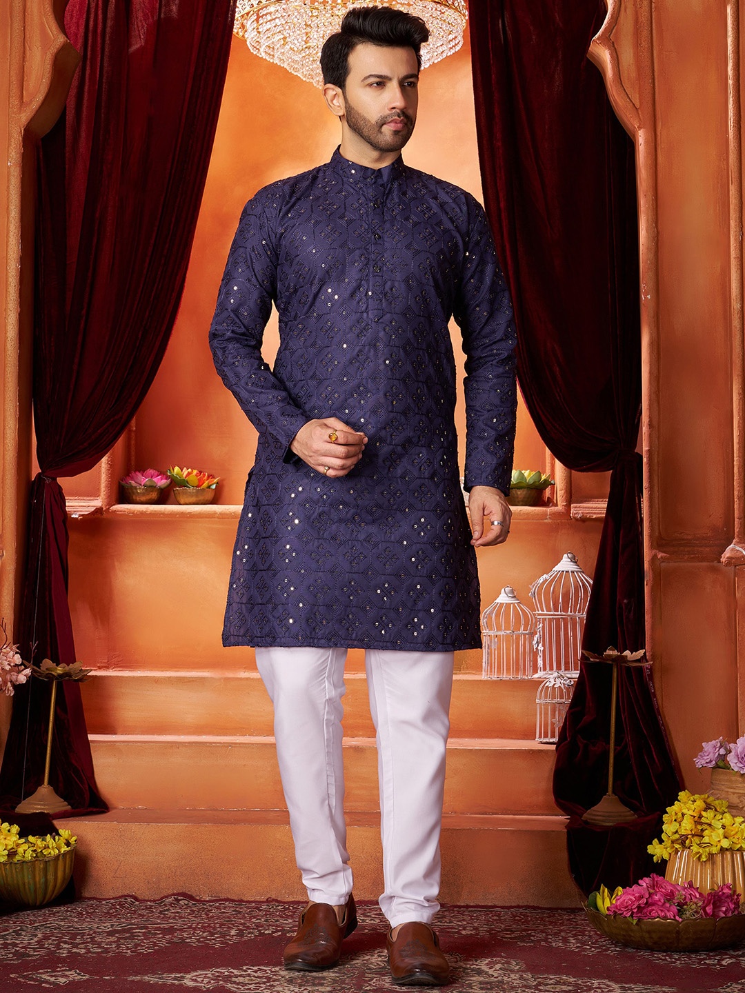 

Fashion FRICKS Ethnic Motifs Sequin Embroidered Cotton Straight Kurta, Navy blue