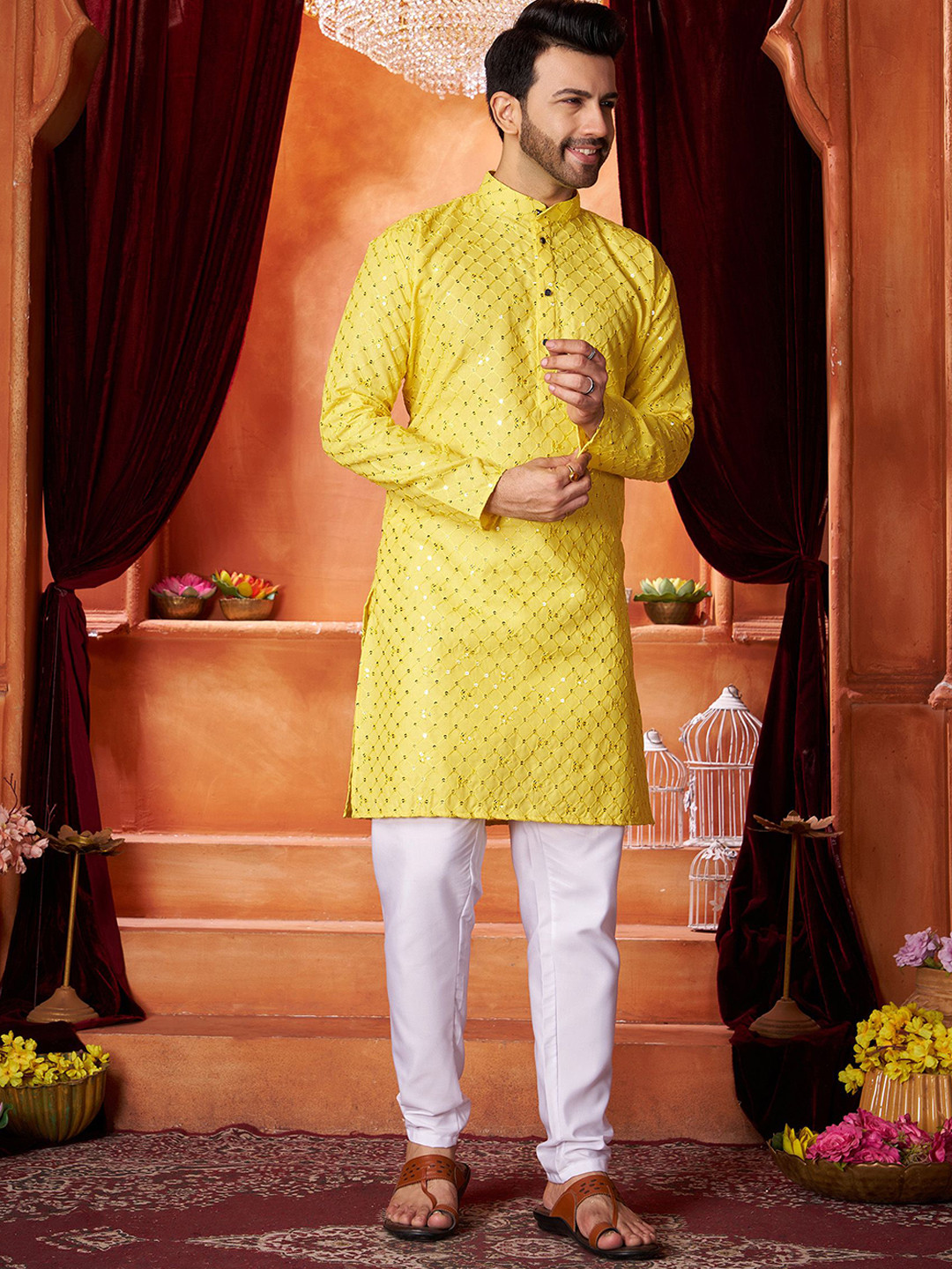 

Fashion FRICKS Ethnic Motifs Sequin Embroidered Cotton Straight Kurta, Yellow